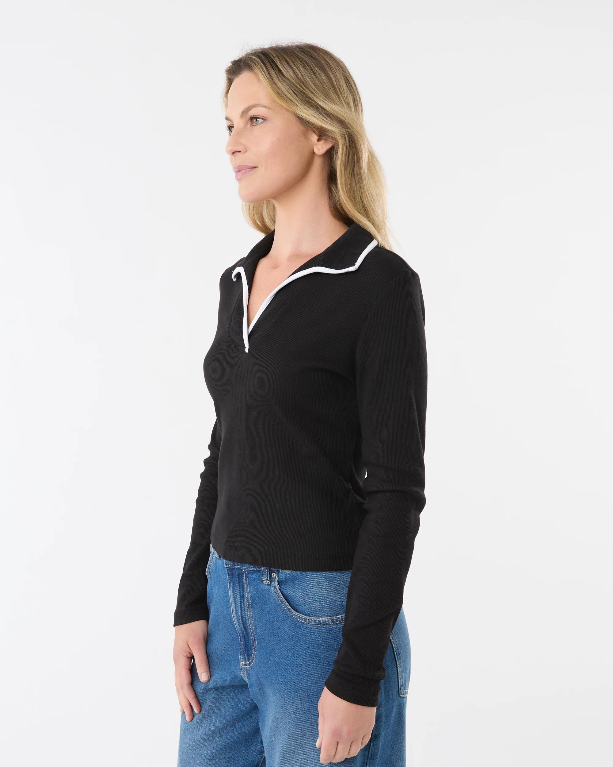 2 Long Sleeve Contrast Polo Top Black, 2 of 5