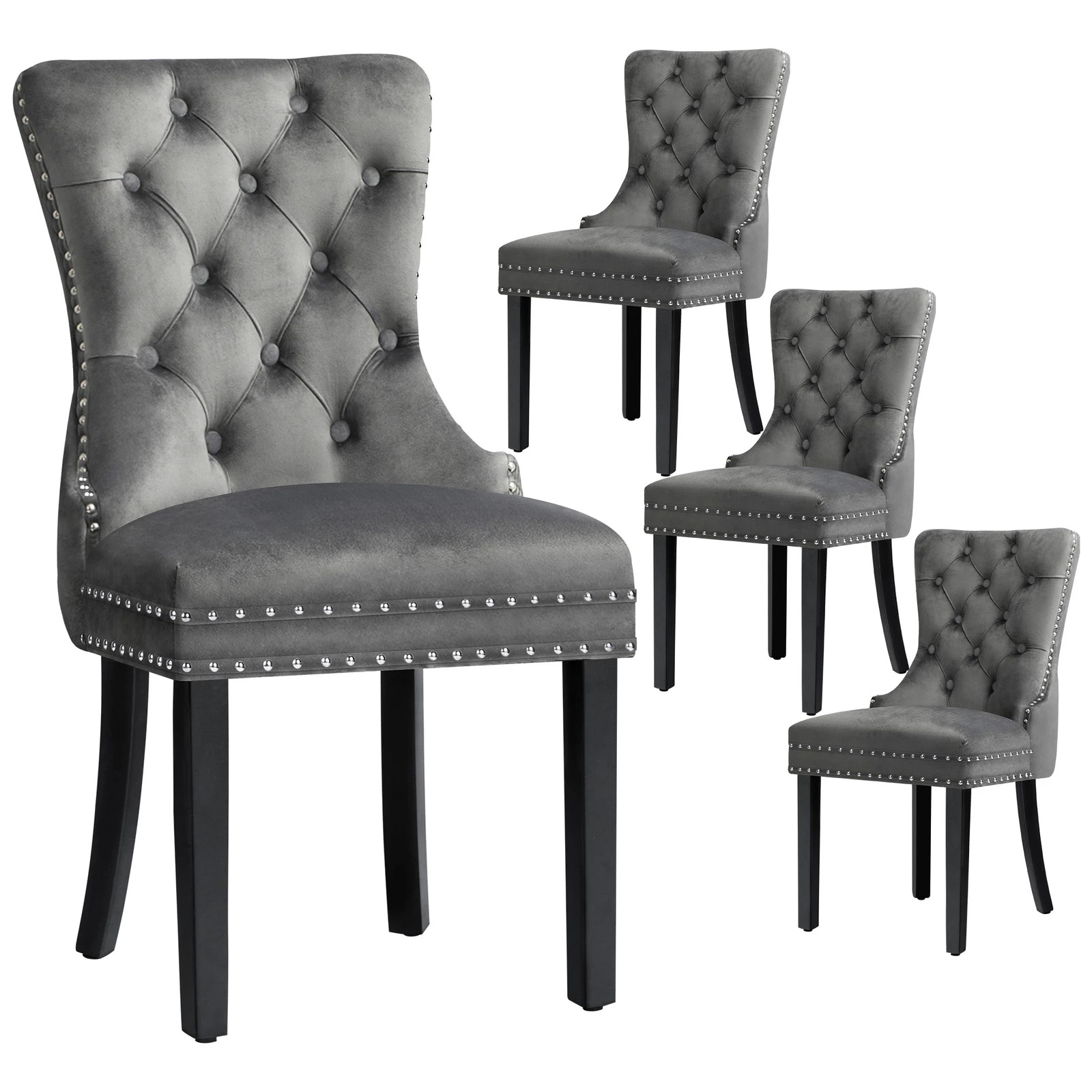 1 Alfordson 4x Dining Chair Kitchen Lounge Retro Button Tufted Wooden Velvet - Grey, 1 of 10