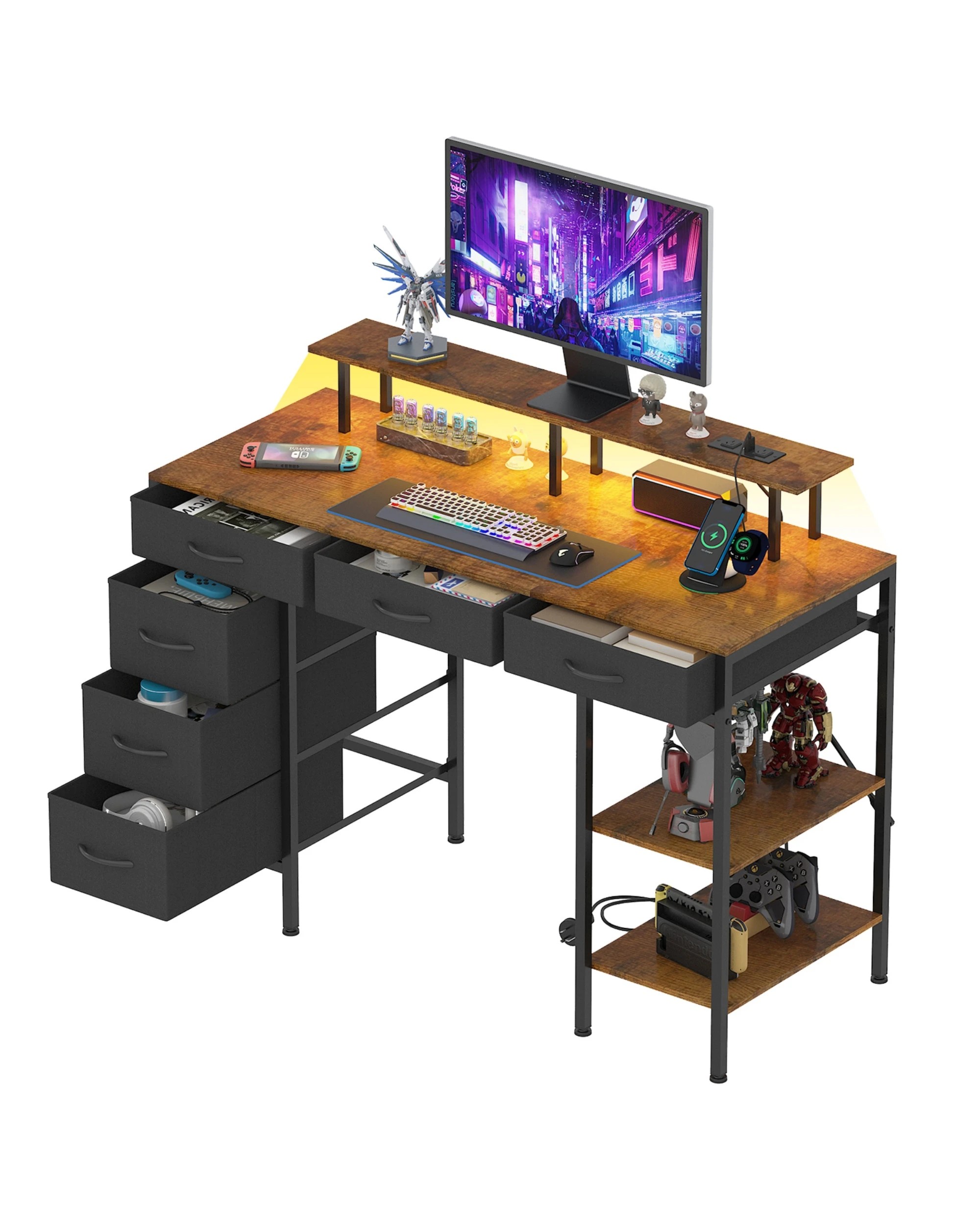 7 Advwin Gaming Desk with LED Lights & Power Outlets, 120cm Computer Desk with 6 Fabric Drawers, 7 of 9