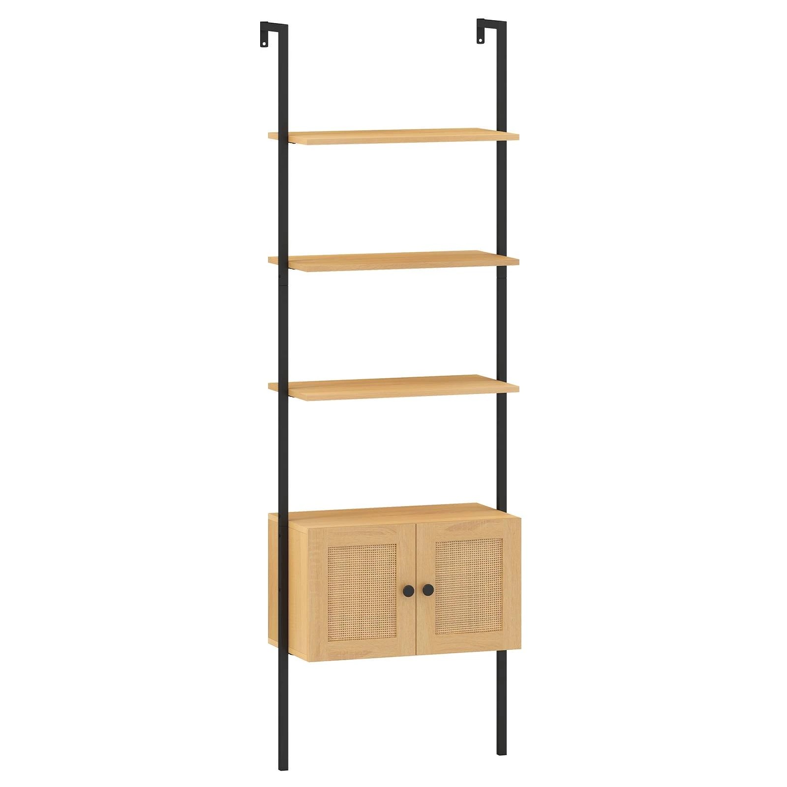 1 Costway 5-Tier Bookshelf Wall Mount Ladder Bookcase w/Cabinet & Metal Frame Display Rack - Natural, 1 of 5