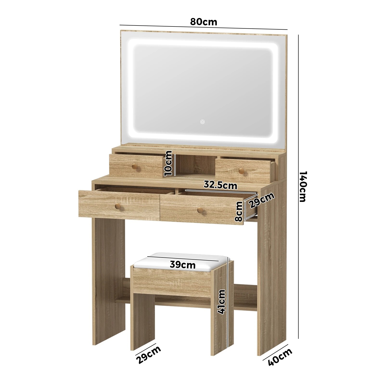 9 Oikiture Dressing Table Stool Set Led Mirror Vanity Desk With Drawers
 - Natural, 9 of 9