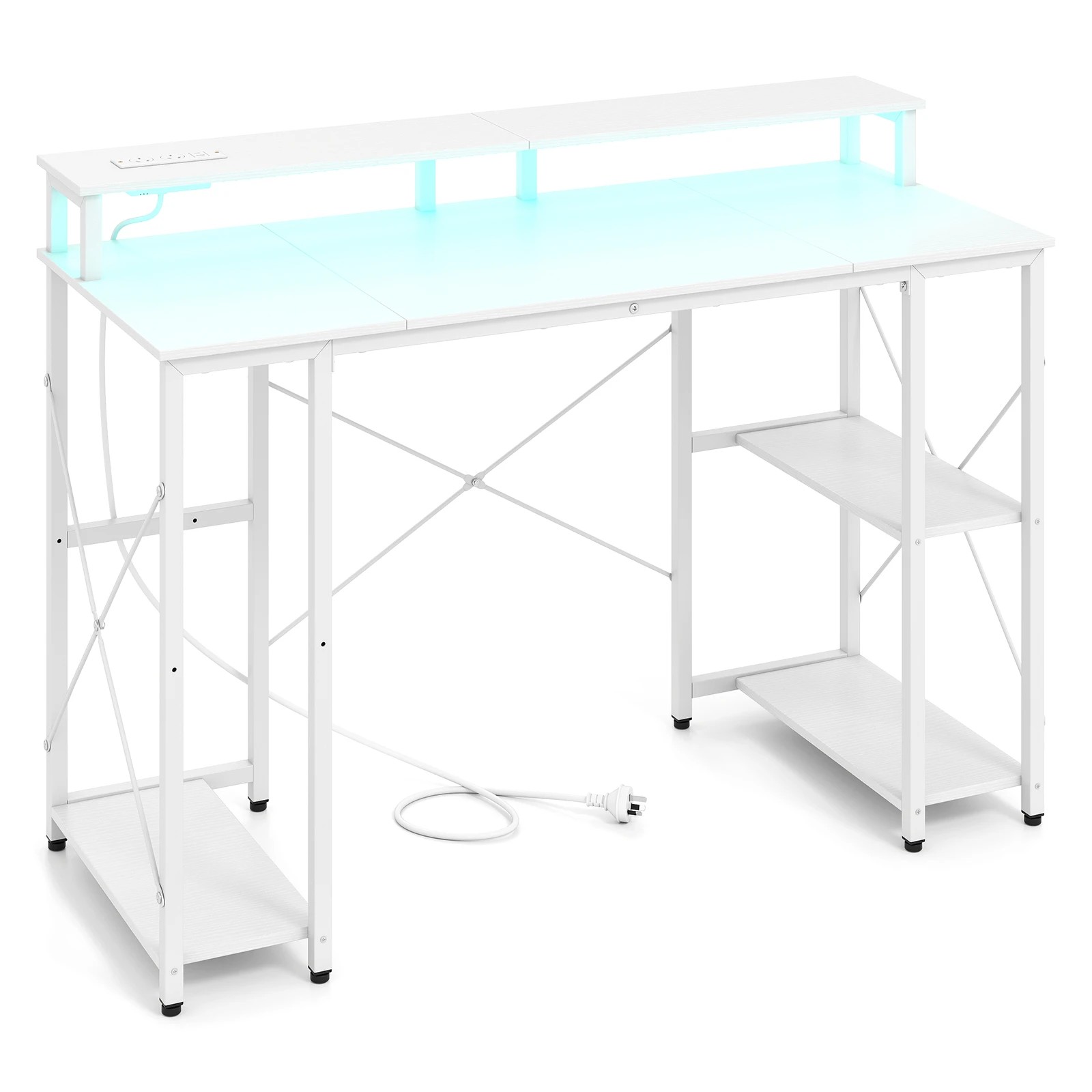 1 Costway 120cm Computer Desk w/Charging Station & LEDs Workstation Gaming Table - White, 1 of 5