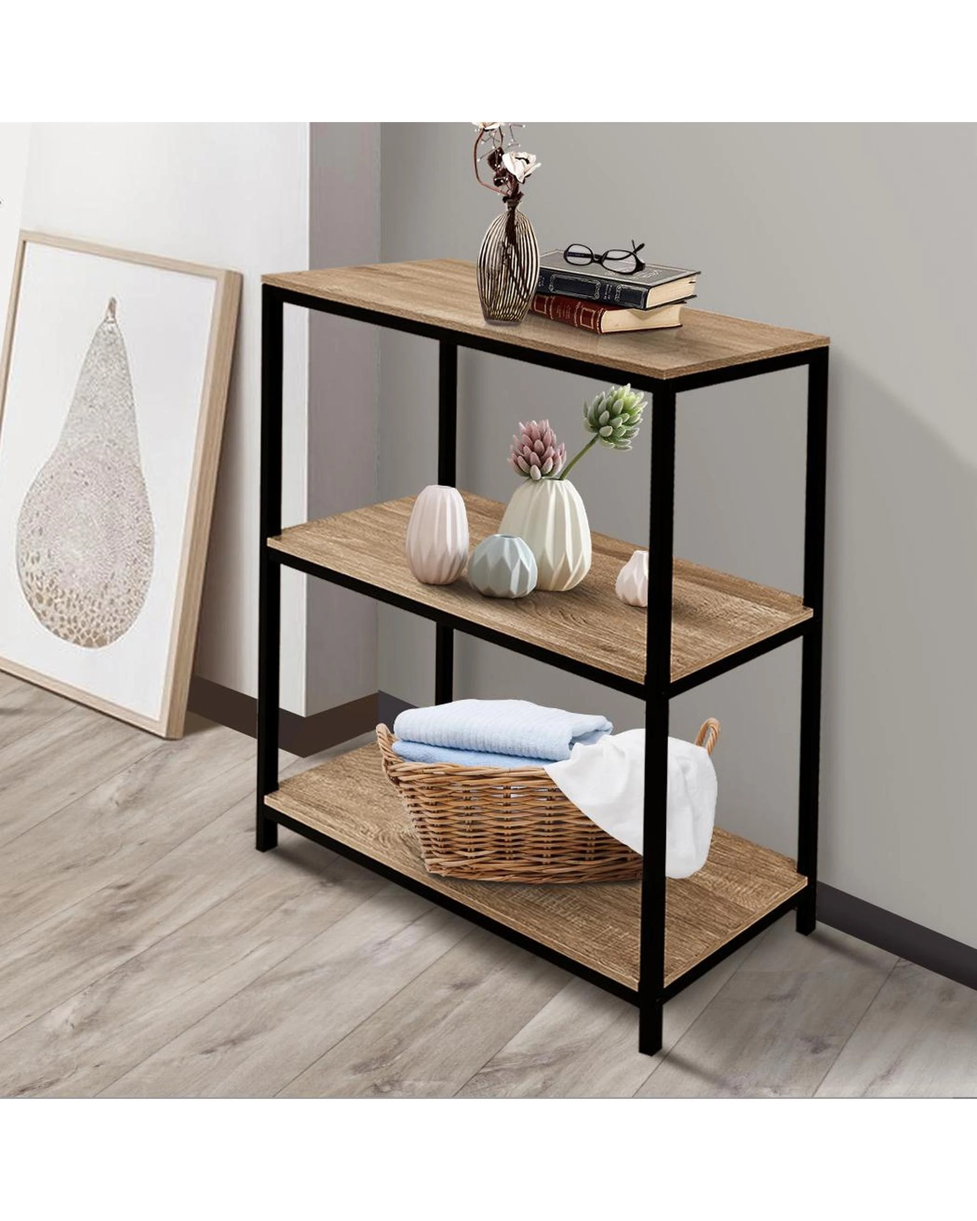 7 Rome Set of 2 Industrial Style 3-Tier Storage Bookshelf Oak, 7 of 10