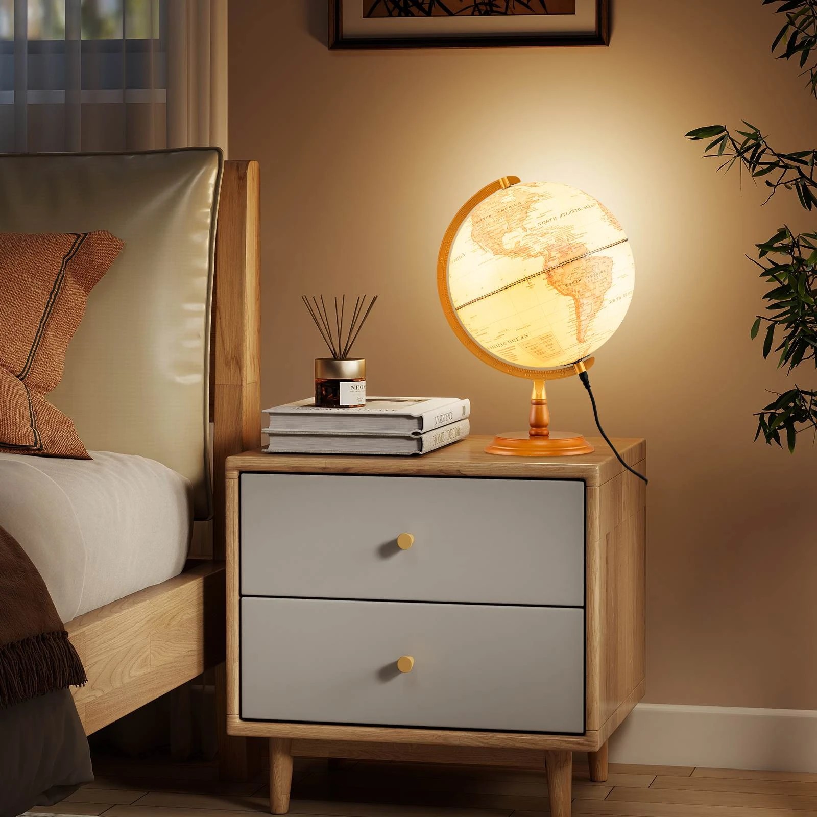 2 Costway 30CM Illuminated World Globe LED Night Light w/Raised Relief Time Zone Non-Slip Wooden Base - Bronze, 2 of 2