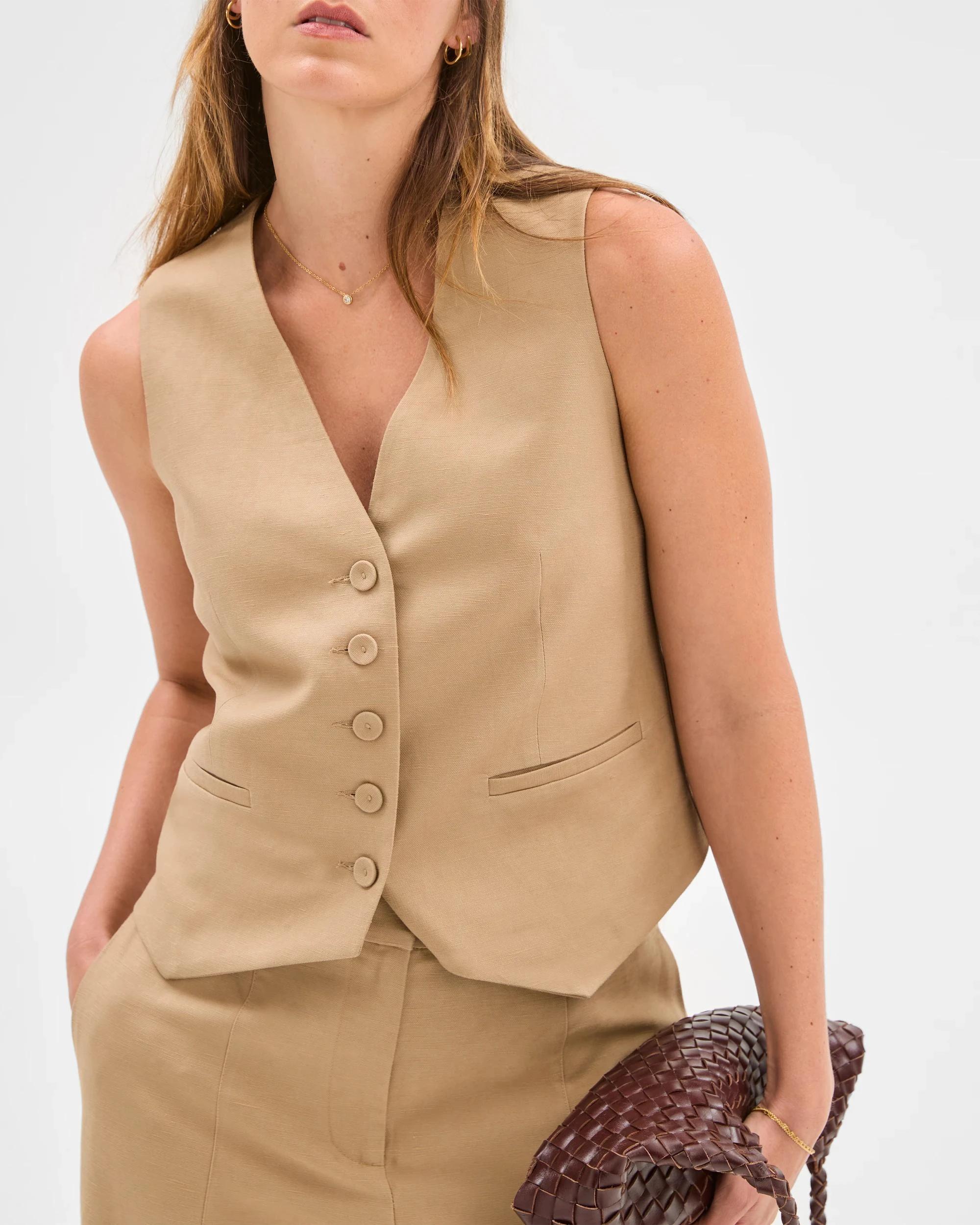 5 Preview Linen Blend Short Vest FAWN, 5 of 6