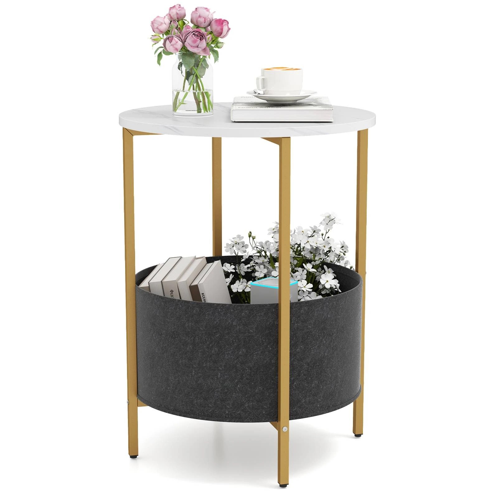 4 Costway 2-Tier Round Sofa Side End Table Accent Coffee Table w/Storage Basket, 4 of 4