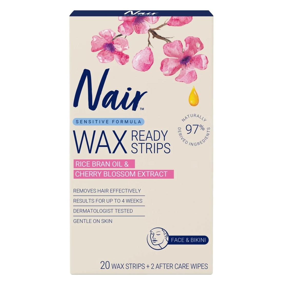 1 Nair 20 Pack Sensitive Mini Wax Strips - Rice Bran Oil and Cherry Blossom Extract, 1 of 7