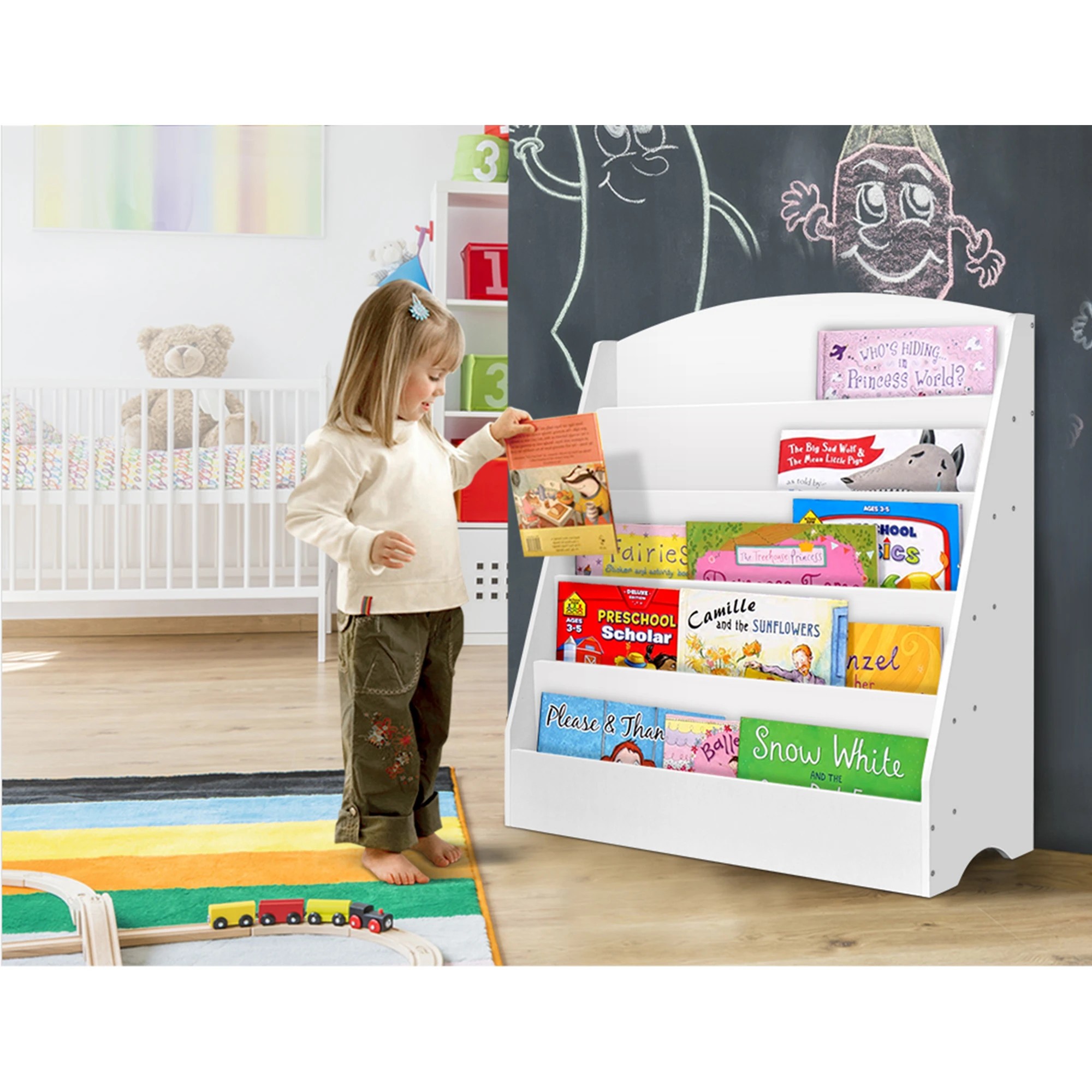 2 Keezi 5 Tiers Kids Bookshelf Magazine Shelf Organiser Bookcase Display Rack Toy Storage Reading Nook Playroom - White, 2 of 9