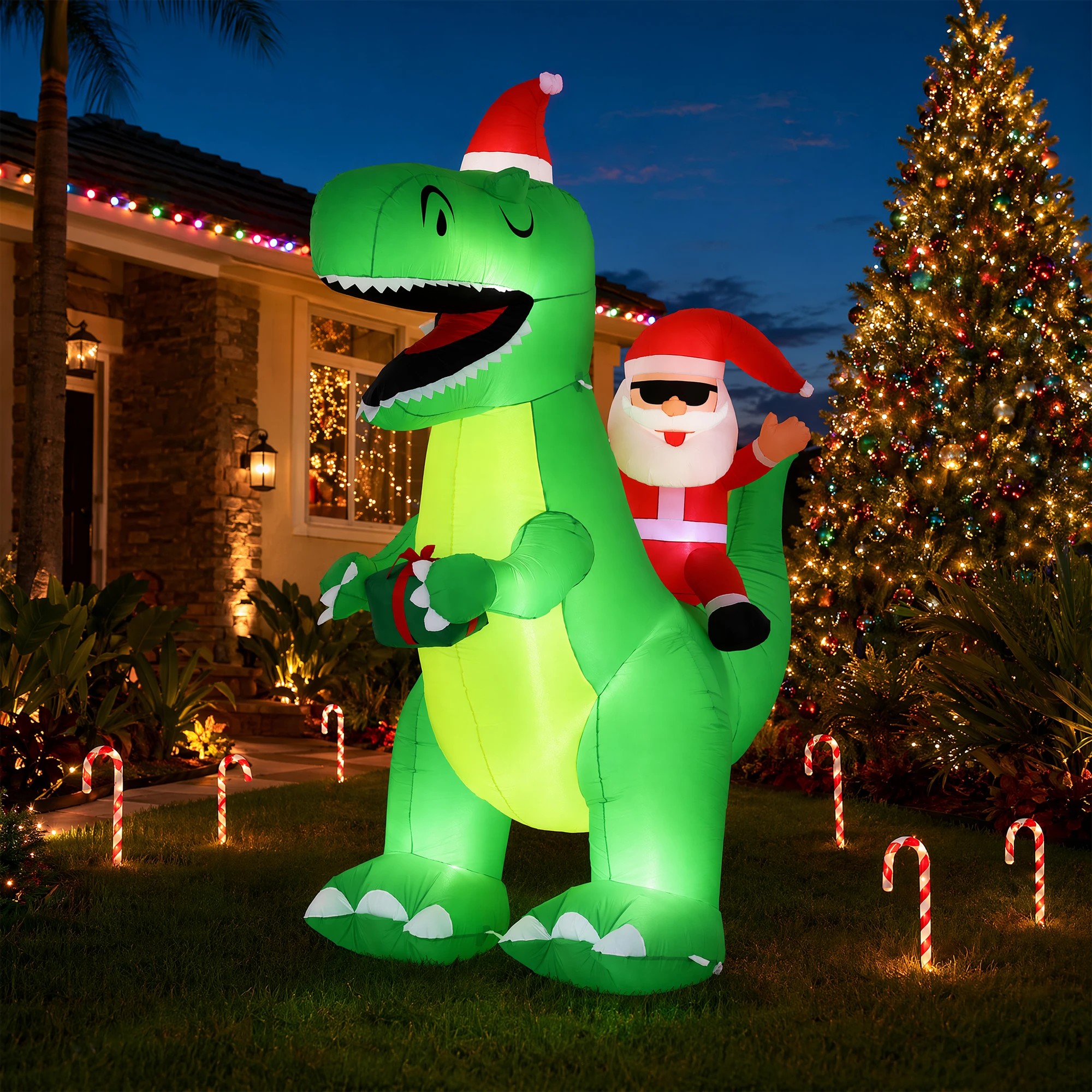 2 Jingle Jollys Christmas Inflatable Dinosaur 2.5M Illuminated Decorations - Multi, 2 of 9