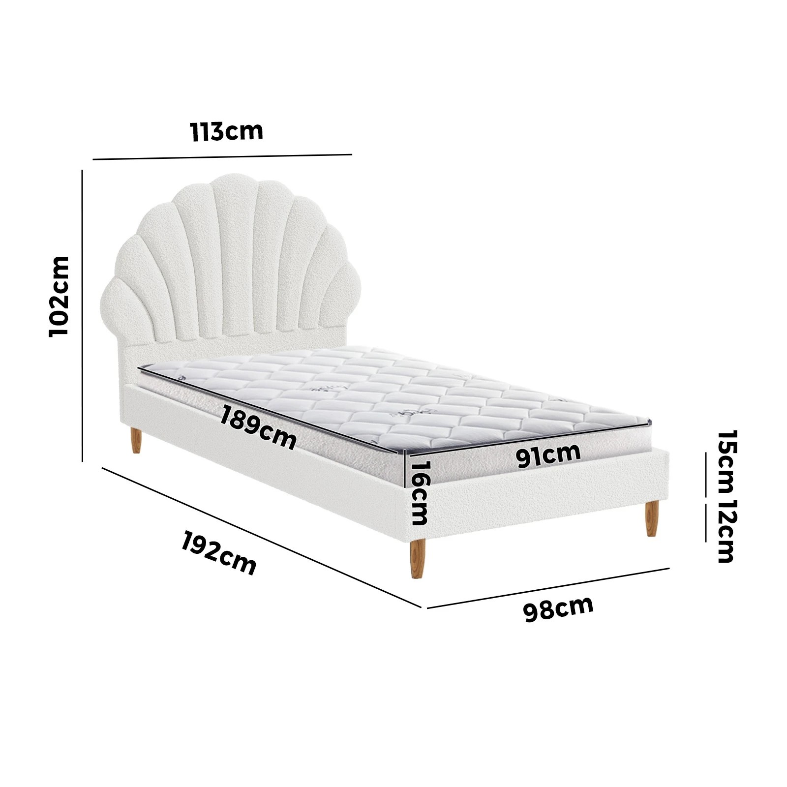 2 Oikiture Bed Frame Single Size Scallop-Shape Bedhead Boucle with Mattress - White, 2 of 8