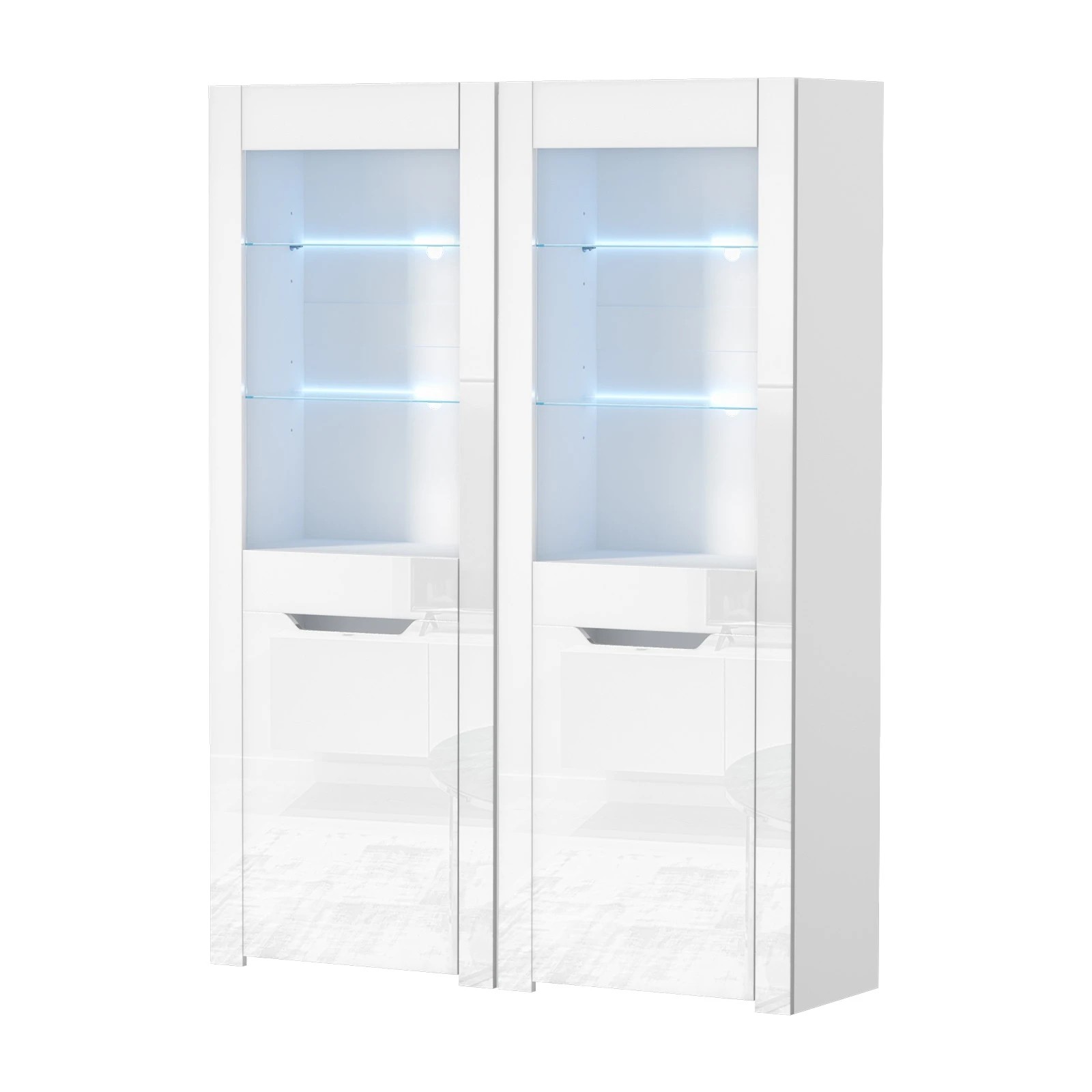 1 Oikiture 2x LED Display Cabinet Tall Sideboard Buffet Storage Cupboard - White, 1 of 8