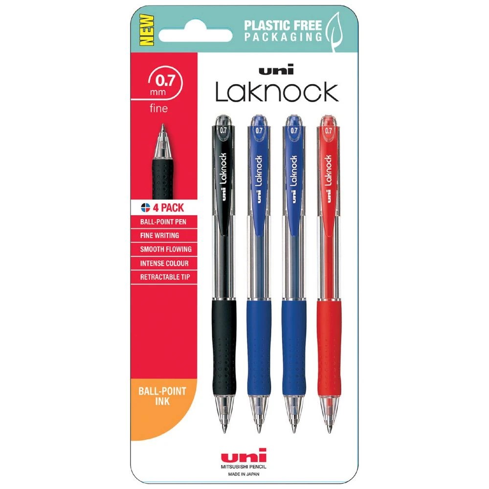 1 Uni Laknock Retractable Ballpoint Pens 0.7mm Assorted 4 Pack, 1 of 2