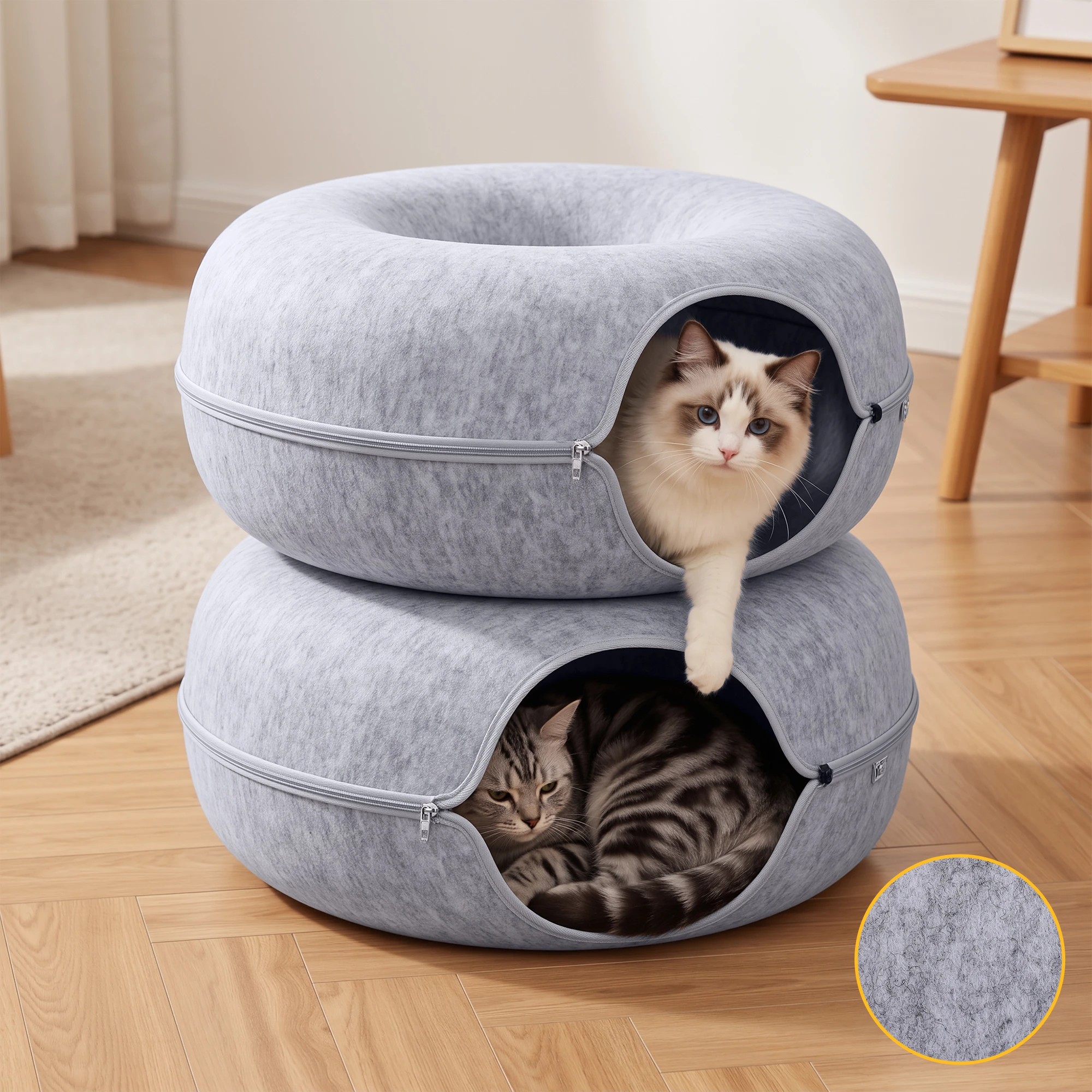 6 i.Pet Cat Bed with Cat Tunnel 60x28CM Donut Bed Felt Cave Hideaway Detachable - Grey, 6 of 8