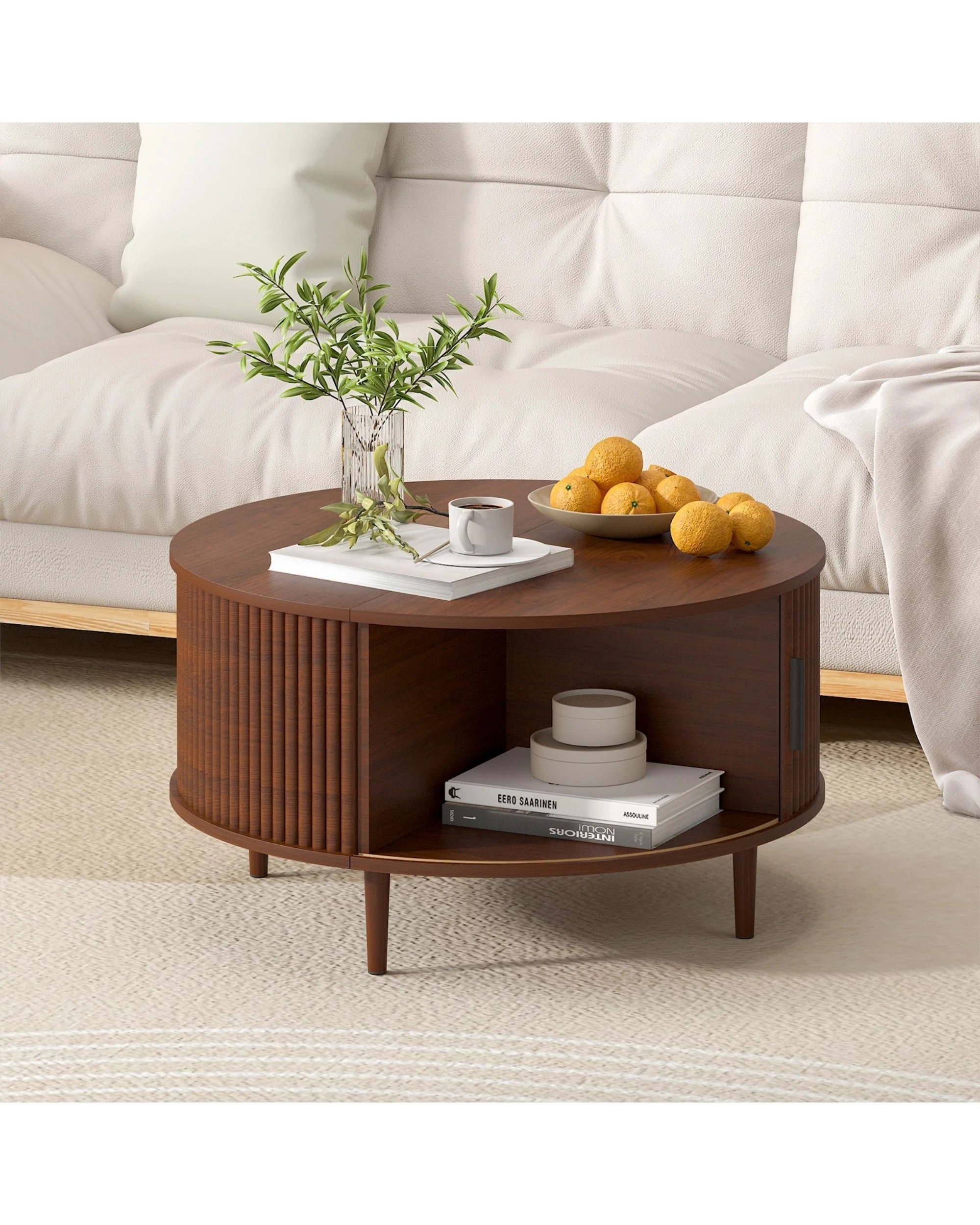 2 Advwin 80cm Round Coffee Table Fluted Center Table w/ Sliding Door Cabinet Side Table w/ Hidden Storage & Shelf, 2 of 9
