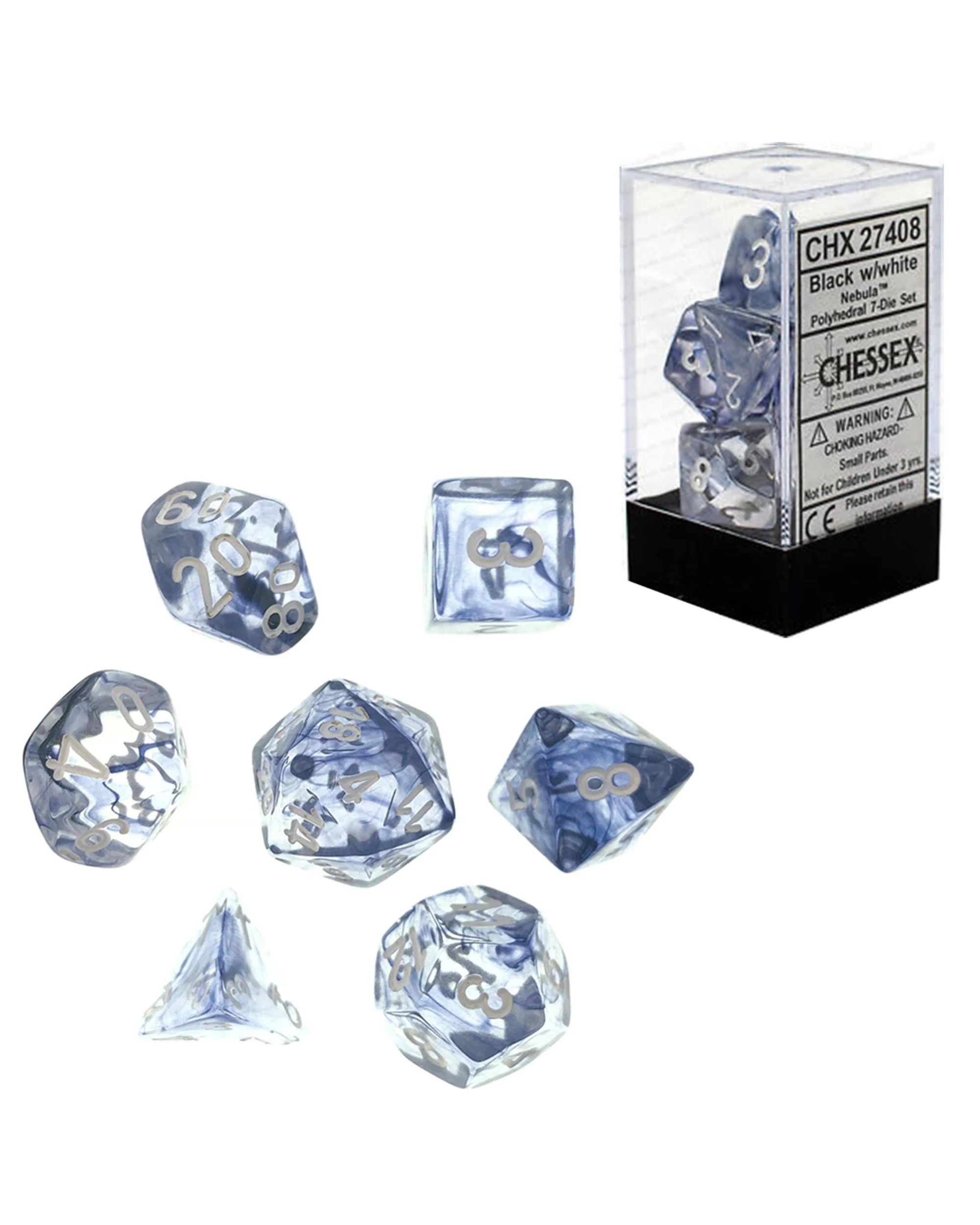 1 Chessex Nebula Polyhedral 7-Die Dice Set - Black/Clear and White, 1 of 3