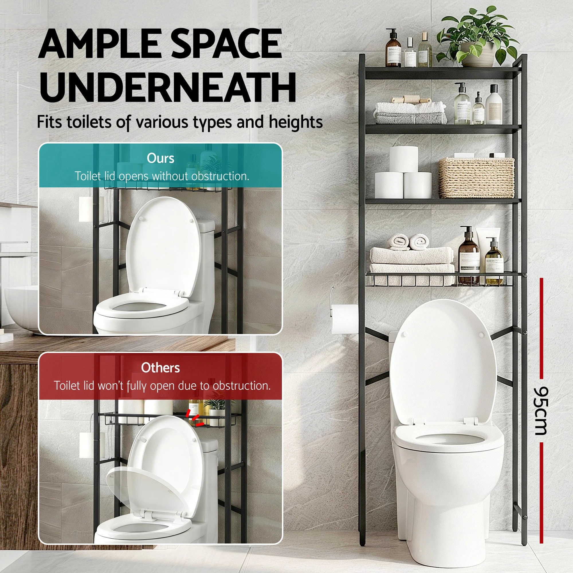 6 Artiss Over Toilet Bathroom Storage Rack Space Saving 4 Tier Organiser - Black, 6 of 6