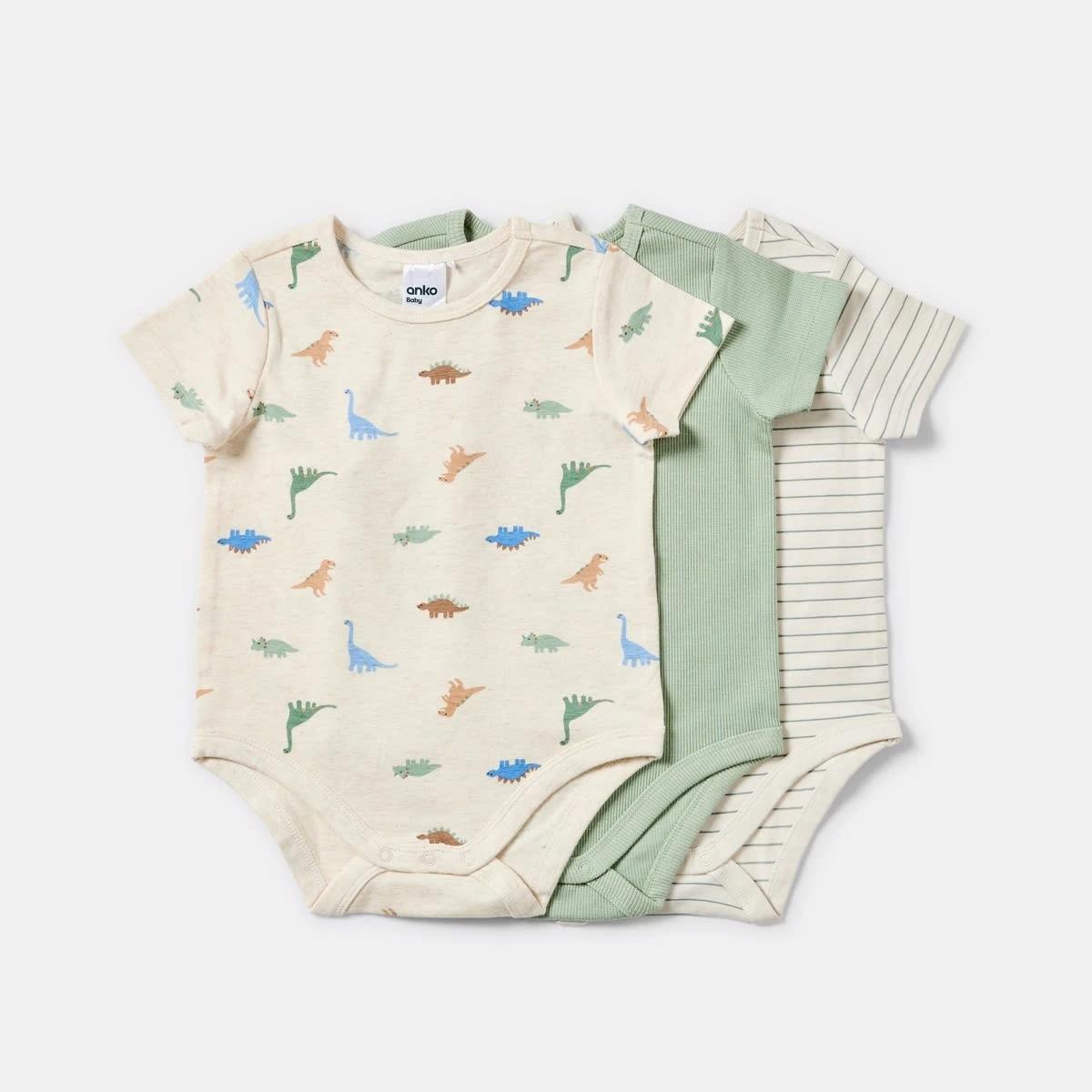 1 3 Pack Short Sleeve Print Bodysuits GREEN DINOS, 1 of 8