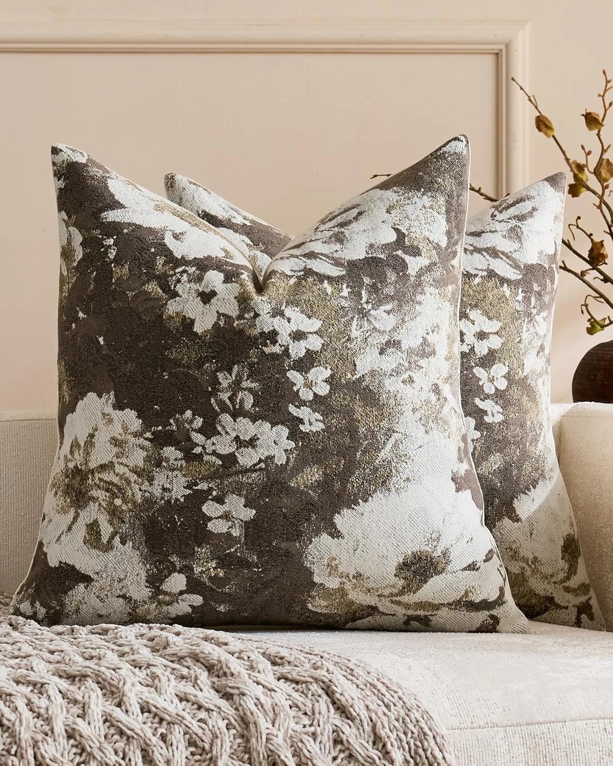 1 Gioia Casa 2-Pack Vintage Floral Chenille Cushion Covers 45cm x 45cm - Warm Taupe, 1 of 4