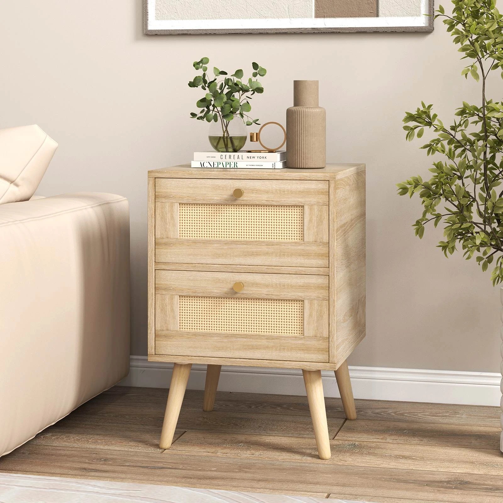 2 Costway Rattan Nightstand Set of 2 Boho Bedside Table w/Storage Drawers, 2 of 4