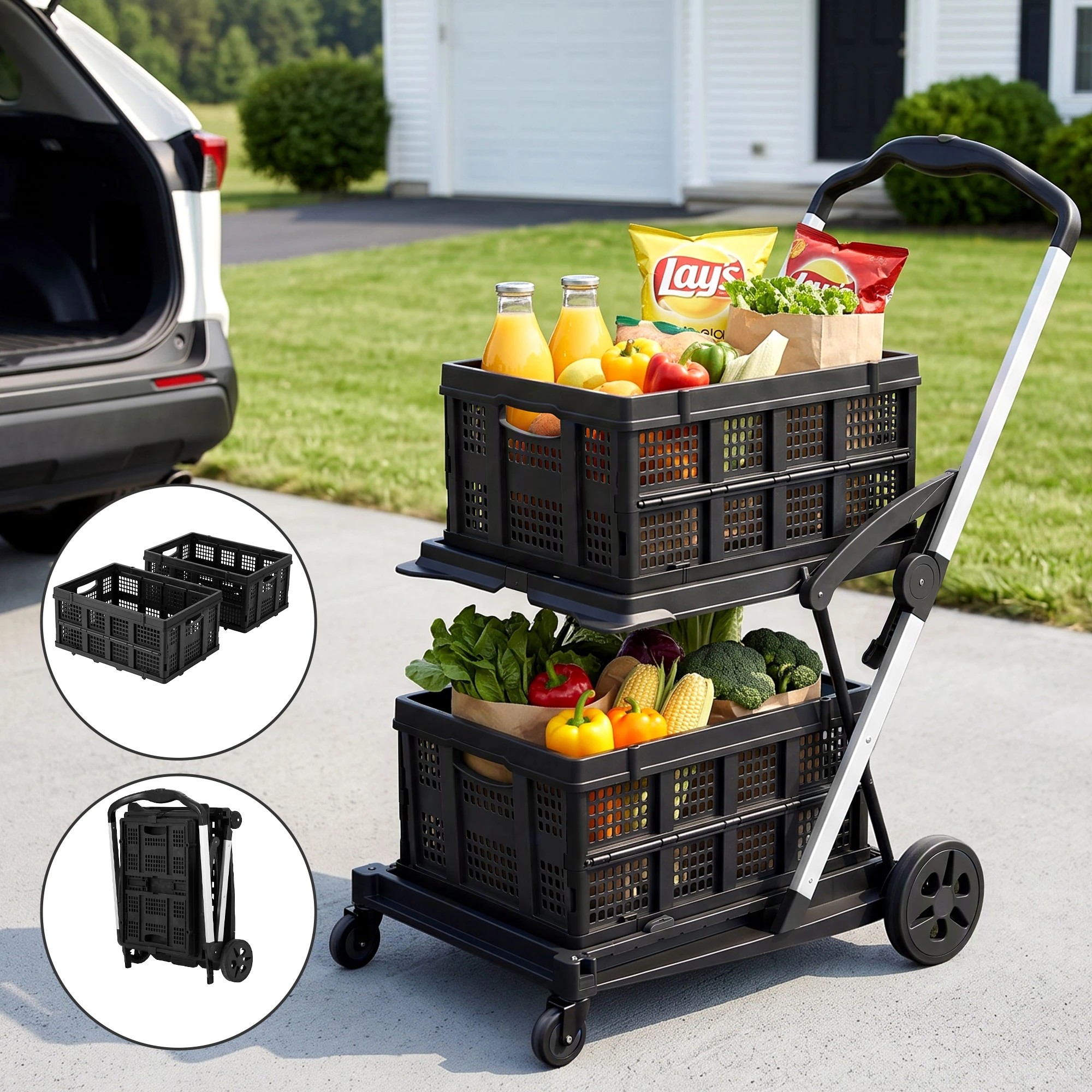 4 Artiss Shopping Trolley with Wheel 2 Layer w/2 Crates Foldable Trolley Cart for Grocery 90kg Weight Capacity - Multi, 4 of 10