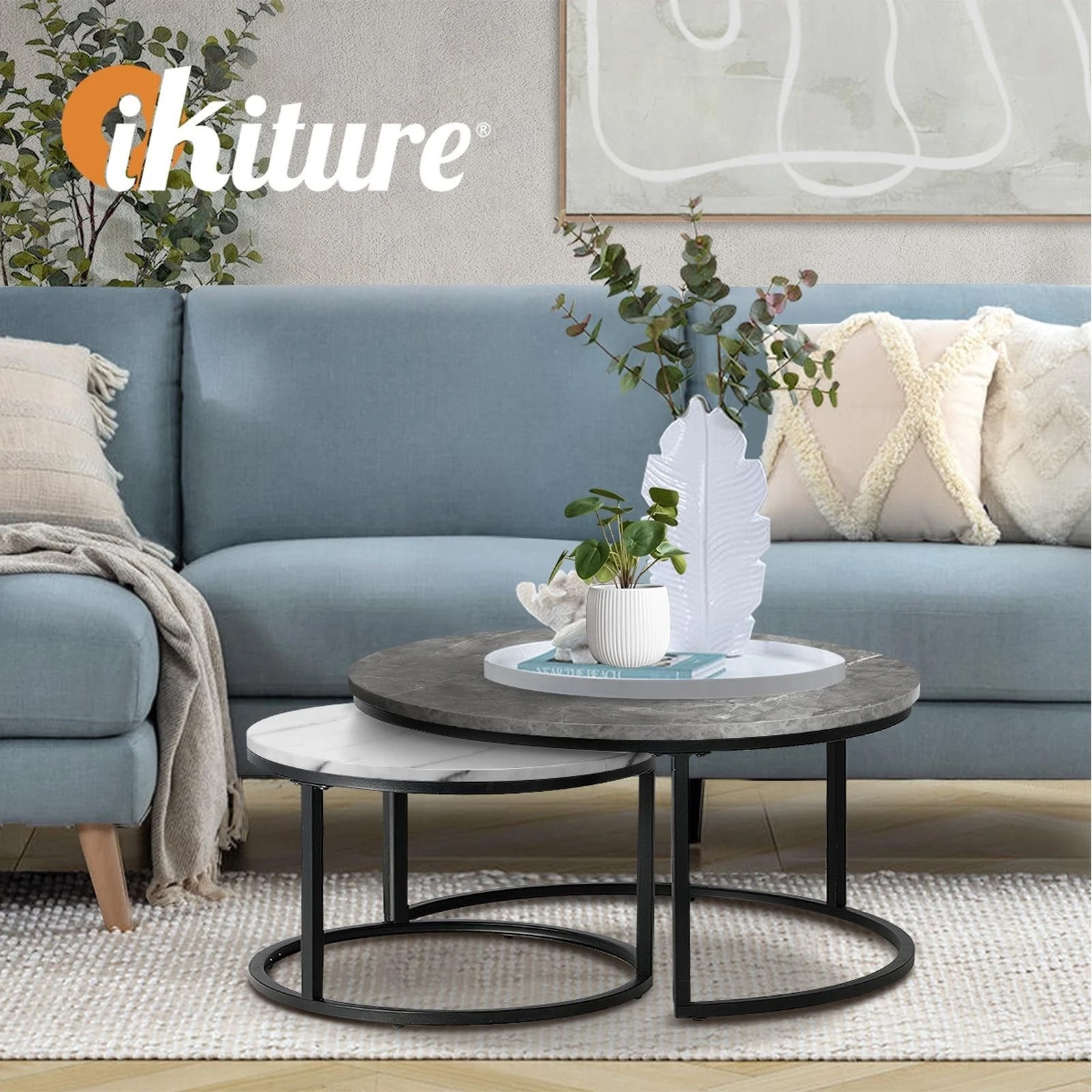 5 Oikiture Set Of 2 Coffee Table Round Marble-like Nesting Side Tables
 - Multi, 5 of 10