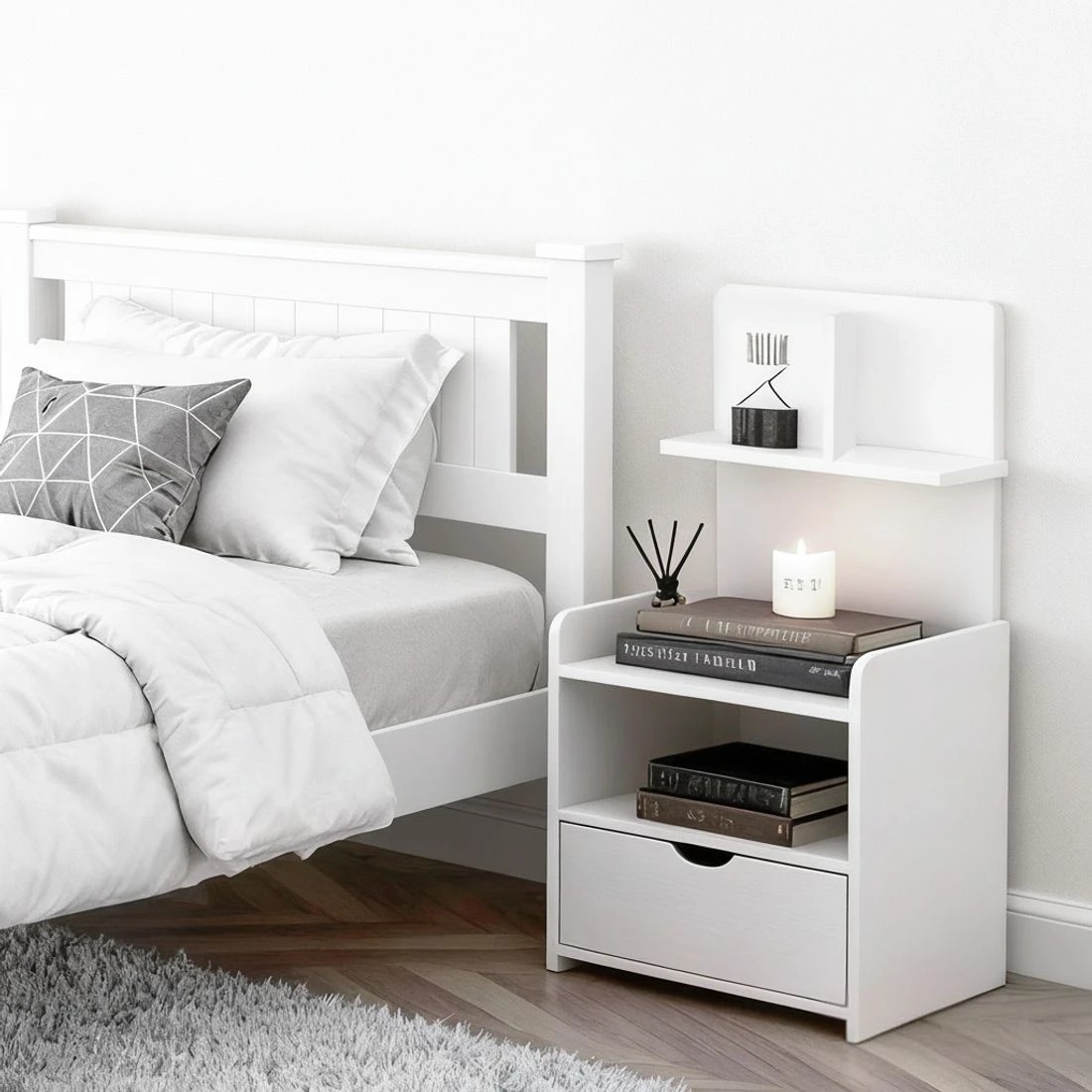 6 Artiss King Single Bed Frame and Bedside Table - White, 6 of 7