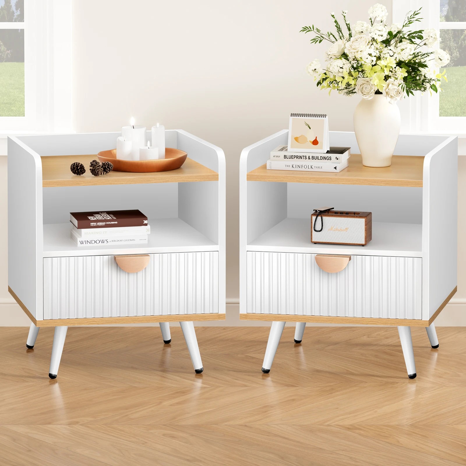 2 Alfordson 2x Bedside Table 1 Drawer Nightstand Side Storage Shelf - Wood White, 2 of 10