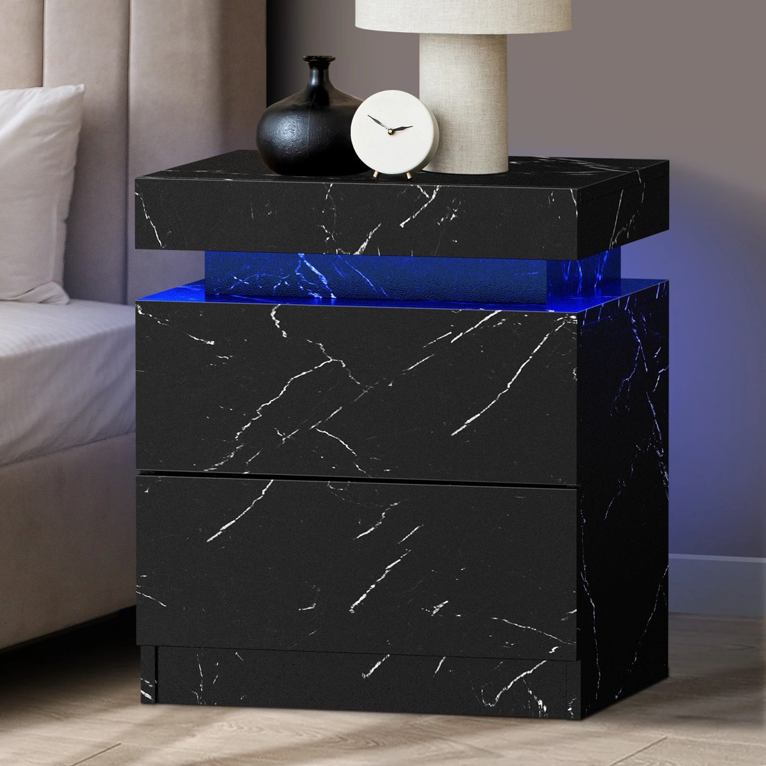 2 Oikiture Bedside Table 2 Drawers Led Side Nightstand Marble Effect
 - Black, 2 of 10