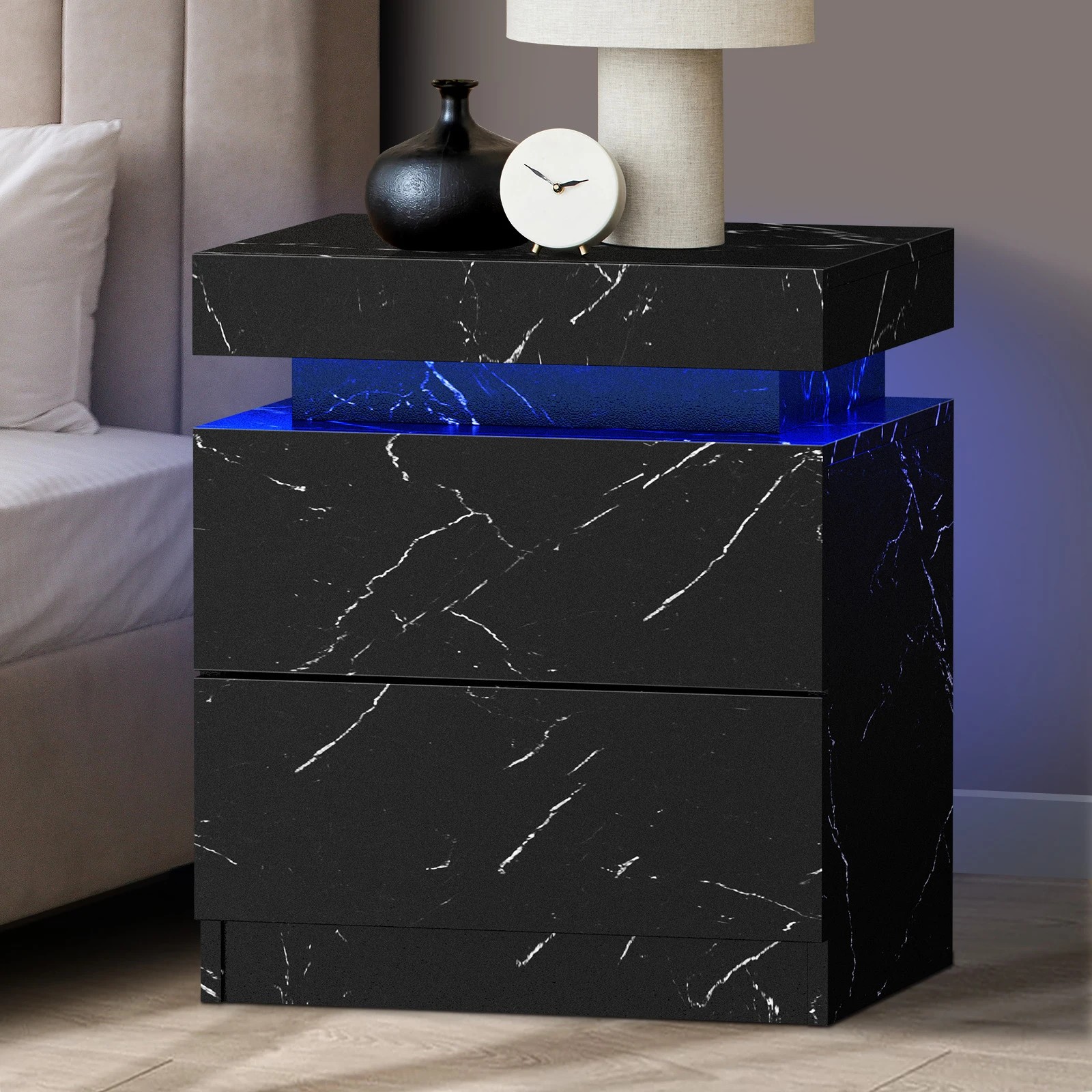 2 Oikiture Bedside Table 2 Drawers Led Side Nightstand Marble Effect
 - Black, 2 of 10