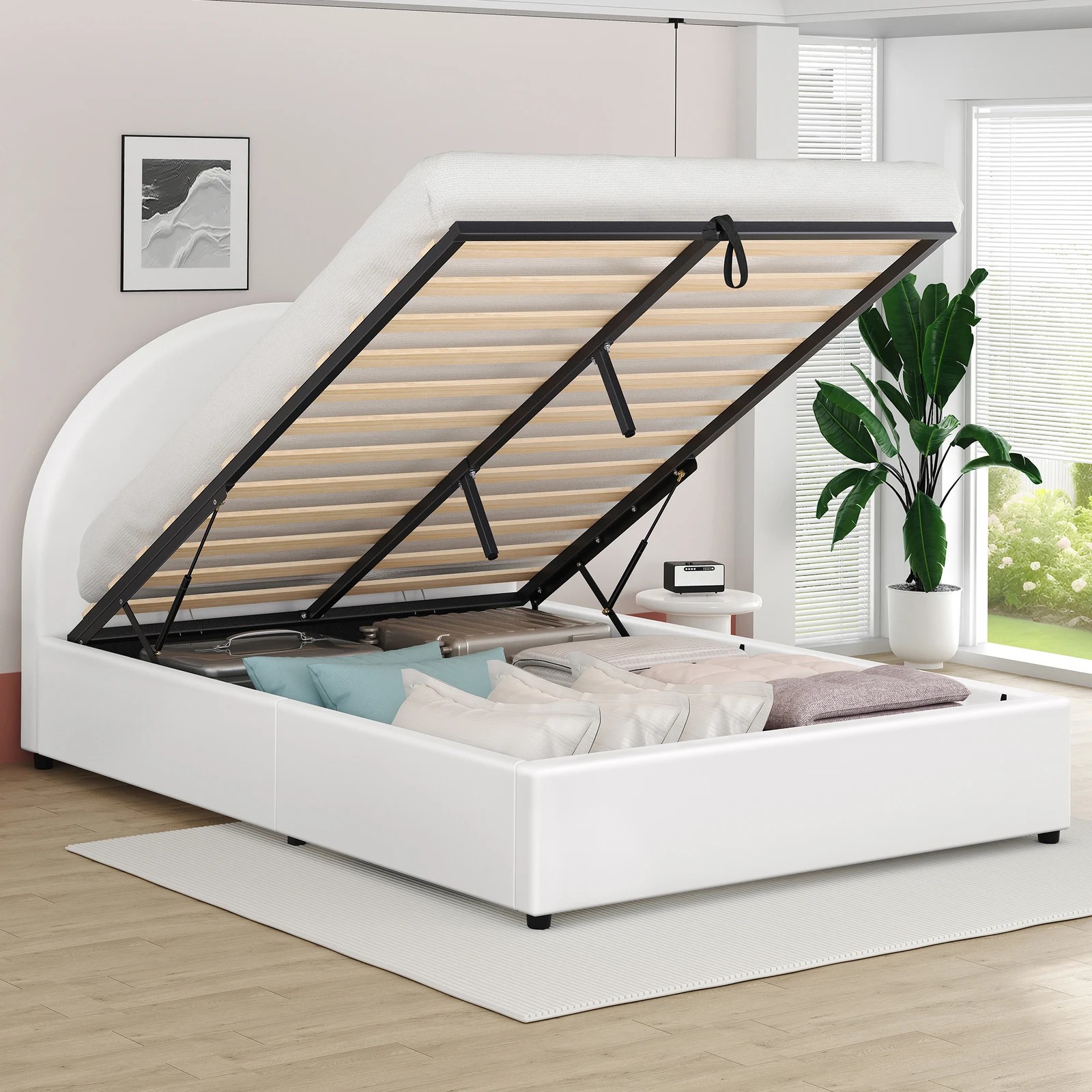 4 Alfordson Bed Frame Queen Size Gas Lift Base With Storage Leather Howell - White, 4 of 10