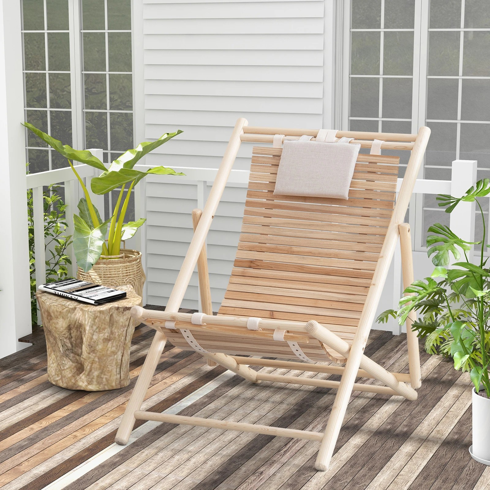 3 Costway Outdoor Adjustable Sling Chair Folding Wooden Lounger w/3 Adjustable Positions - Natural, 3 of 3