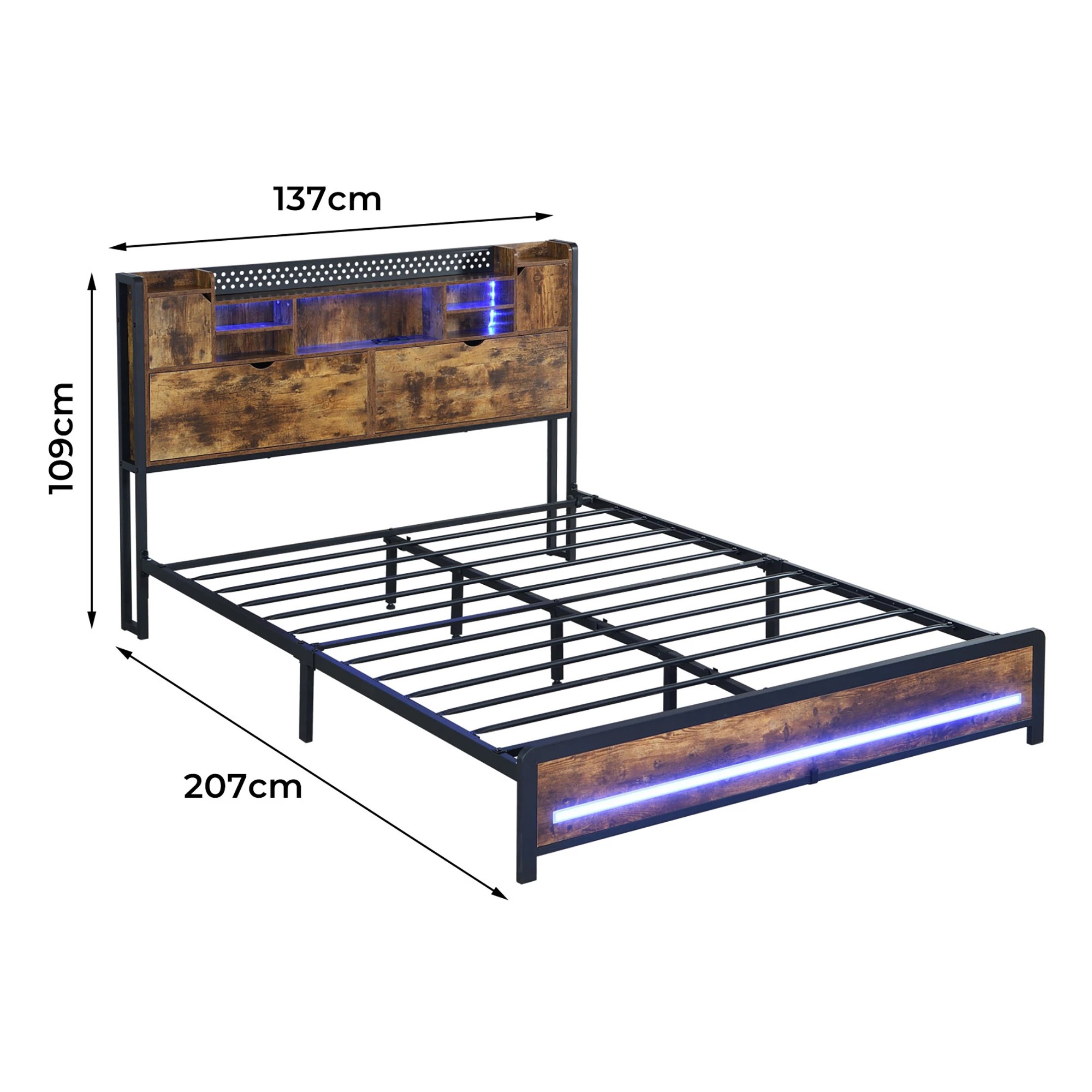 3 Levede Double Size Bed Frame Industrial with LED Charging Station and Storage Bedhead, 3 of 9