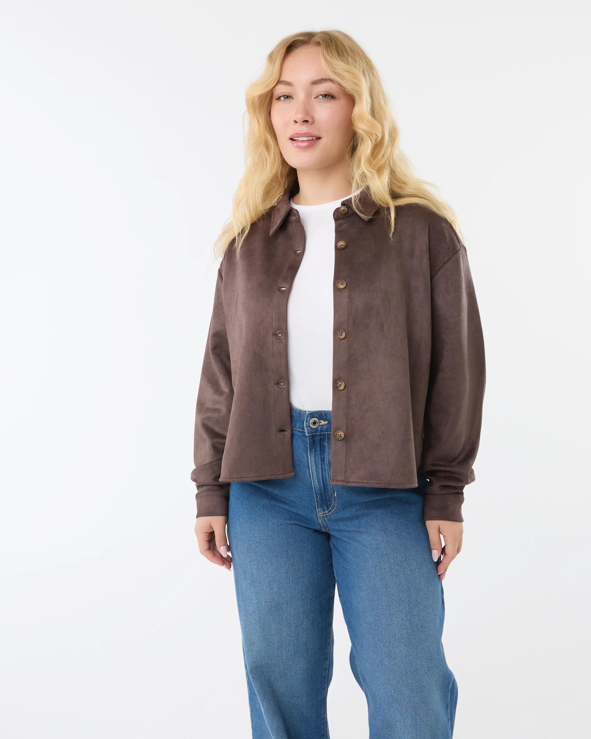 1 Long Sleeve Suedette Shirt Choc Plum, 1 of 10