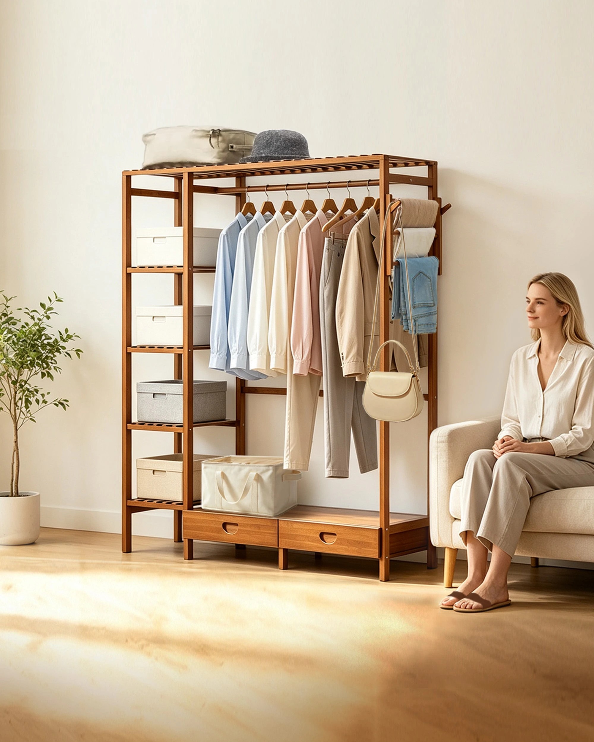 2 Foret Freestanding Open Wardrobe Bamboo Clothes Rack With Shelves & Drawers, 2 of 8