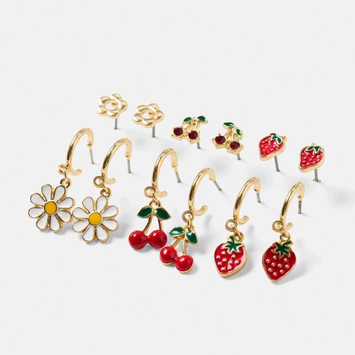 3 6 Pack Fruit Stud and Hoop Earrings - Gold Tone Gold, 3 of 5