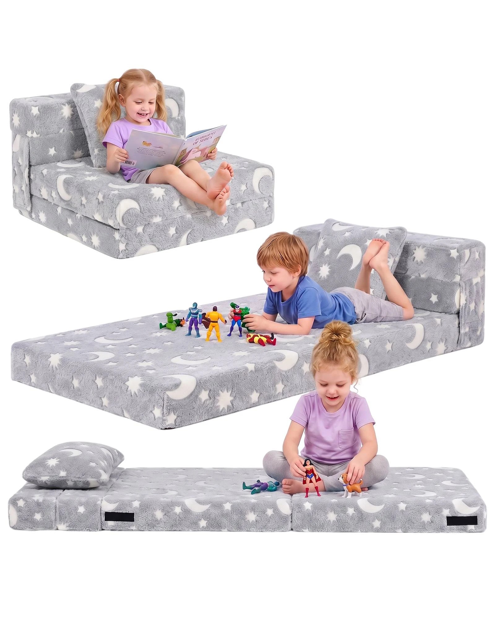 1 Advwin 3-in-1 Toddler Folding Sofa Bed with Pillow Sofa Lounger - Grey, 1 of 9