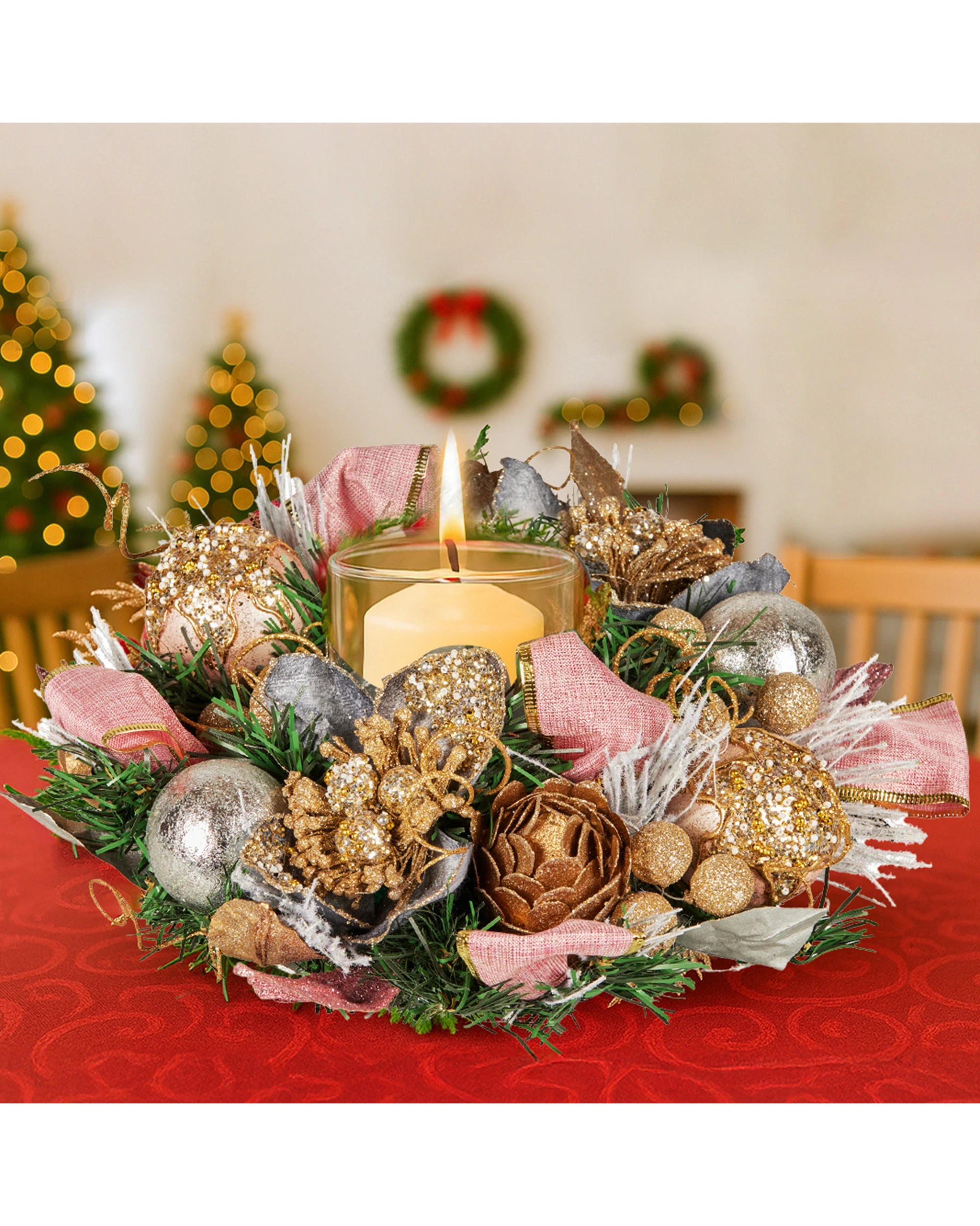 7 Christabelle 26cm Christmas Centrepiece Lush Green Holiday Jewelled Baubles Foliage Flowers Pine Cones Ribbon, 7 of 9