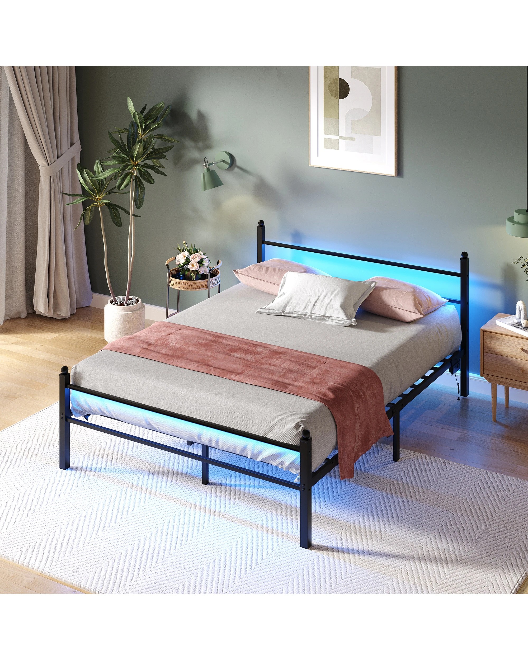 2 Advwin Double Size LED Bed Frame with Charging Station Metal Platform, 2 of 8