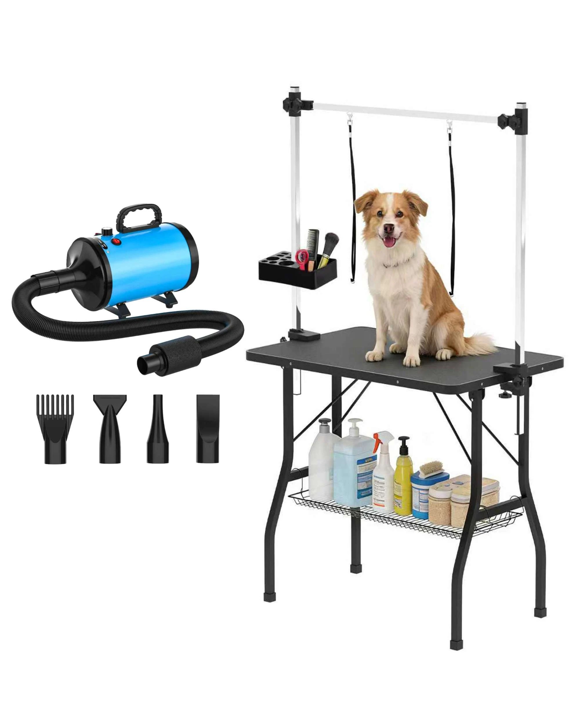 1 Advwin Pet Grooming Table with Storage Basket & Pet Hair Dryer, Height Adjustable Anti‑Slip Grooming Set, 1 of 10