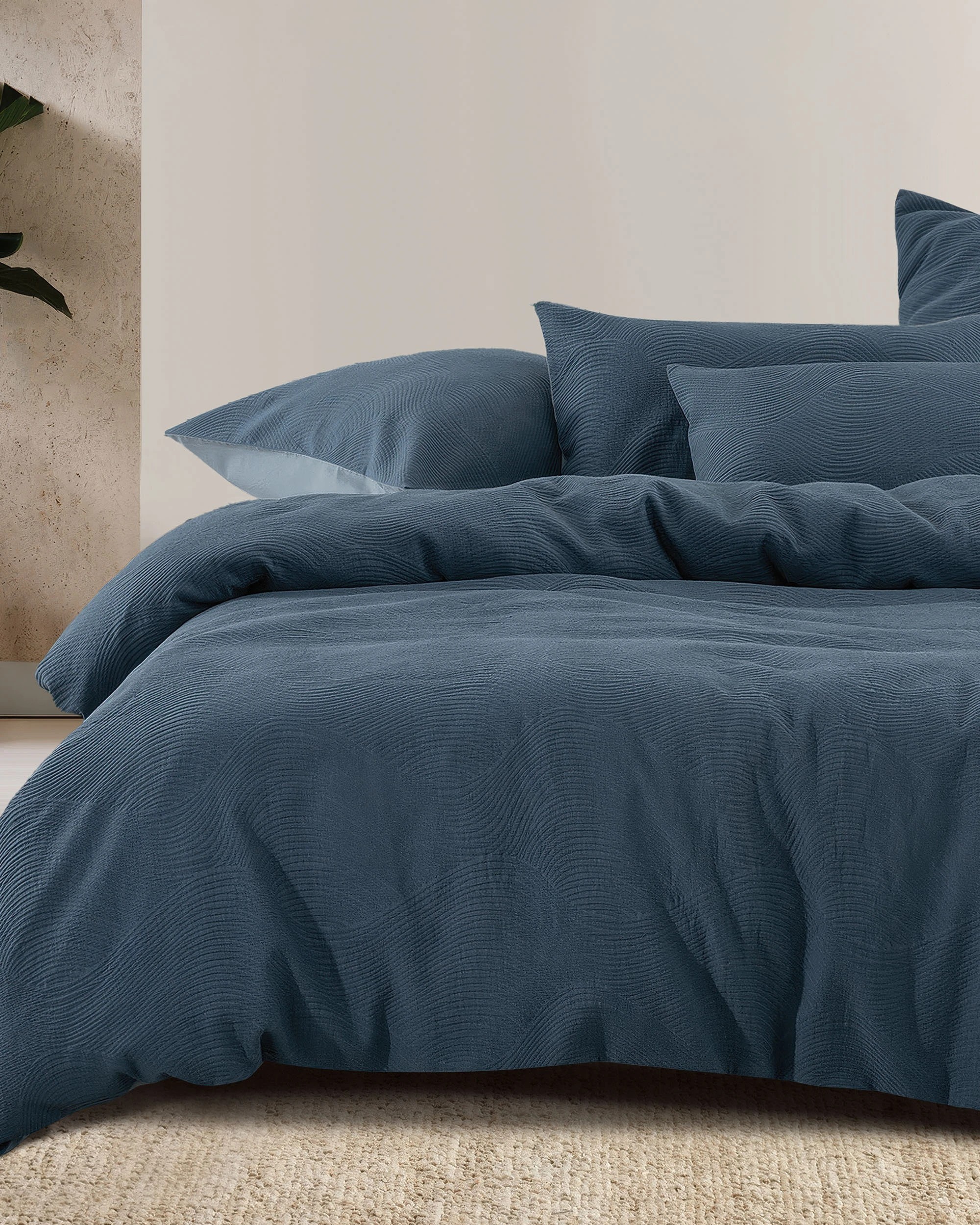 1 Bambury Tide Jacquard Cotton-Polyester Blend  Easy Care Machine Washable  Quilt Cover Set  Denim - Queen Bed - Blue, 1 of 4