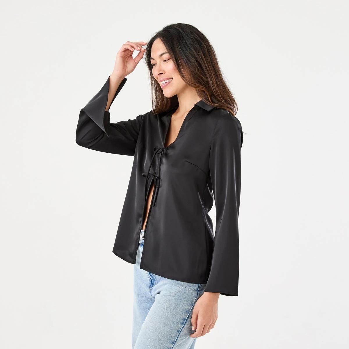 2 Long Sleeve Satin Tie Front Top Black, 2 of 7