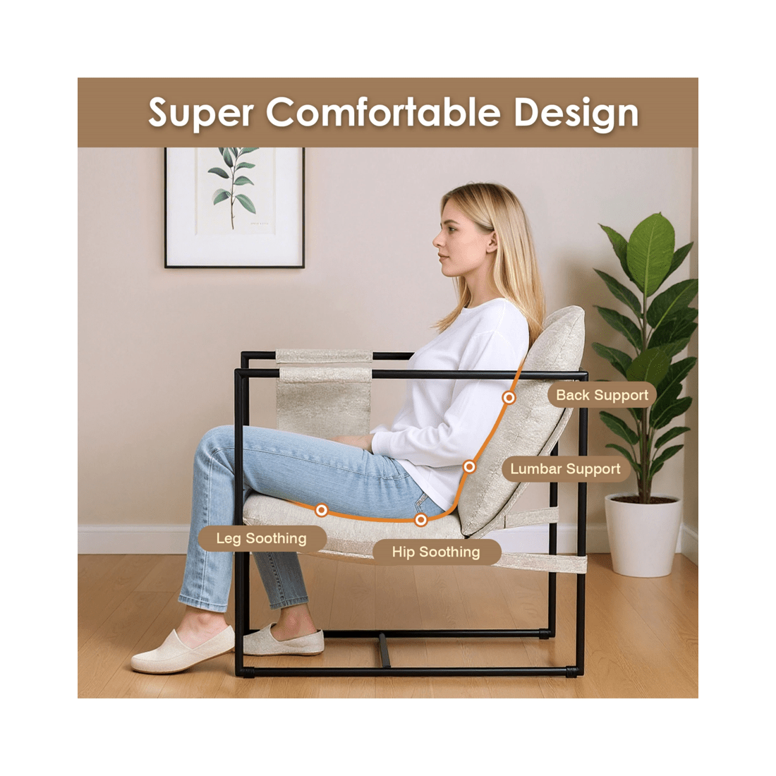 7 Advwin Sling Accent Chair Linen Lounge Chair Armchair with Upholstered Cushions & Side Pocket Beige, 7 of 10