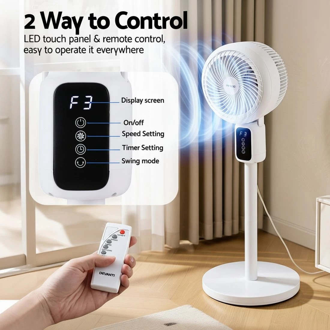 7 Devanti Pedestal Fan W/ Remote 3 Speed 12H Timer Height Adjustable Cooling Fan - Natural, 7 of 7