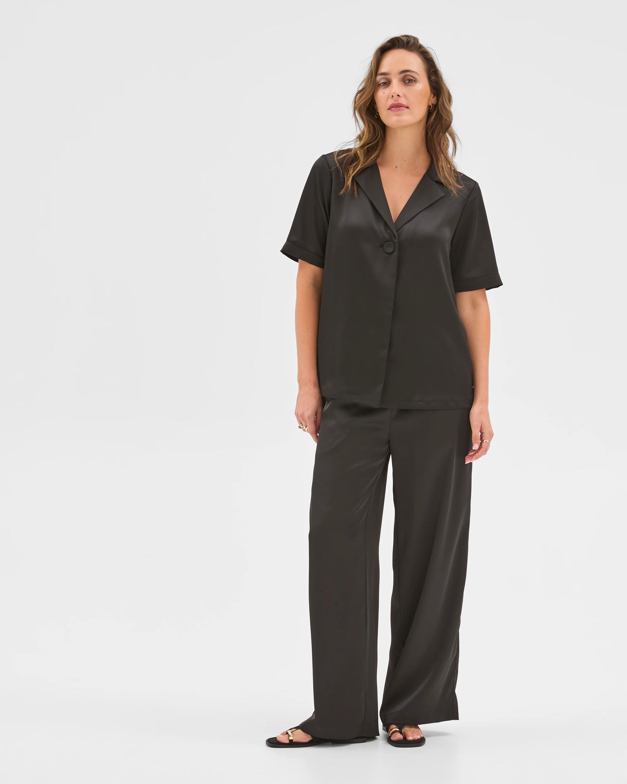 1 Preview Short Sleeve Satin Shirt BLACK, 1 of 6