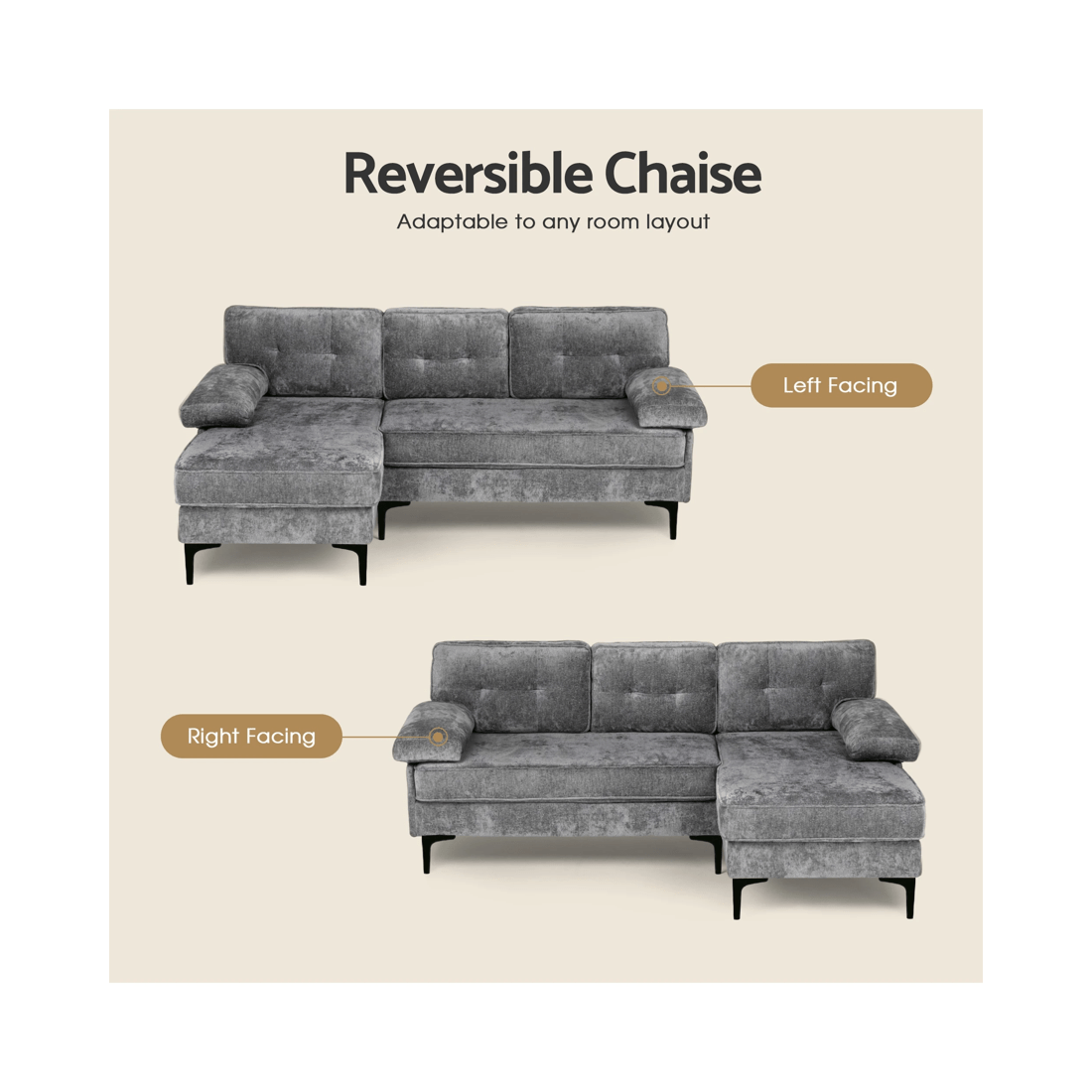 8 Advwin 3 Seater Sofa L-shape Chenille Lounge Couch W/ Reversible Chaise Grey, 8 of 9
