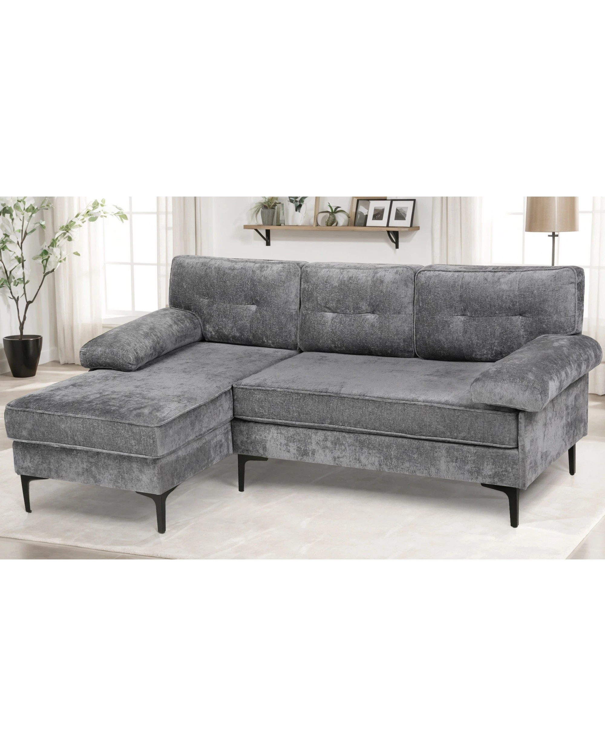 8 Advwin 3 Seater Sofa L-shape Chenille Lounge Couch W/ Reversible Chaise Grey, 8 of 9