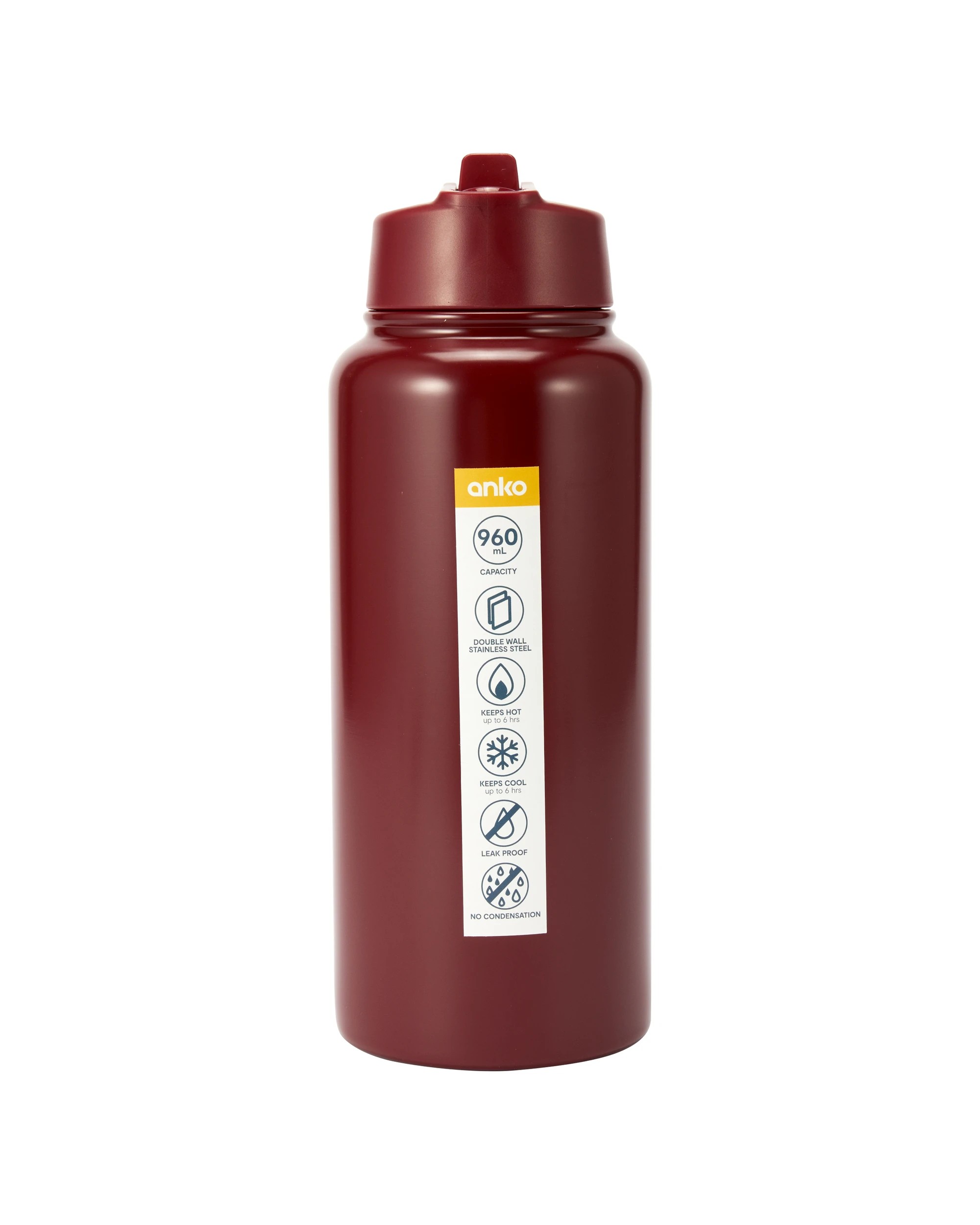6 960ml Burgundy Double Wall Insulated Cylinder Drink Bottle, 6 of 6
