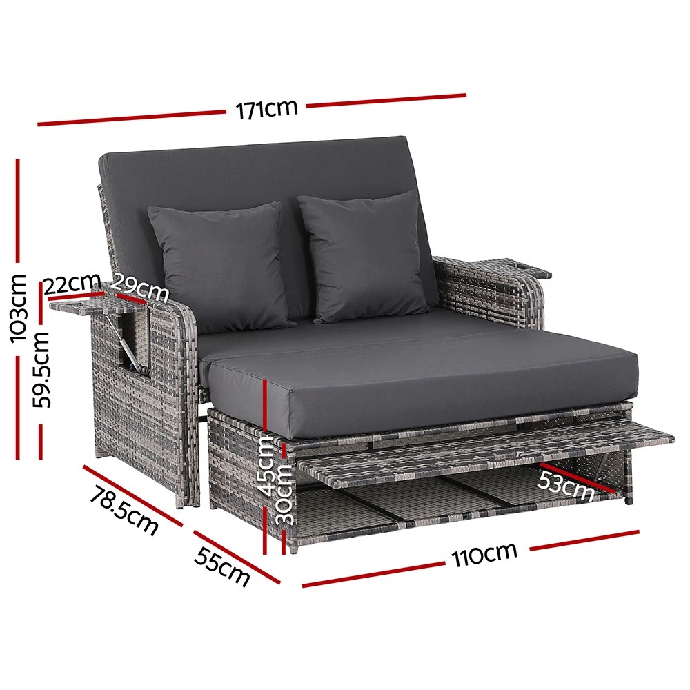 2 Gardeon Outdoor Day Bed Sun Lounge Setting Wicker Lounger Patio Furniture - Grey, 2 of 10