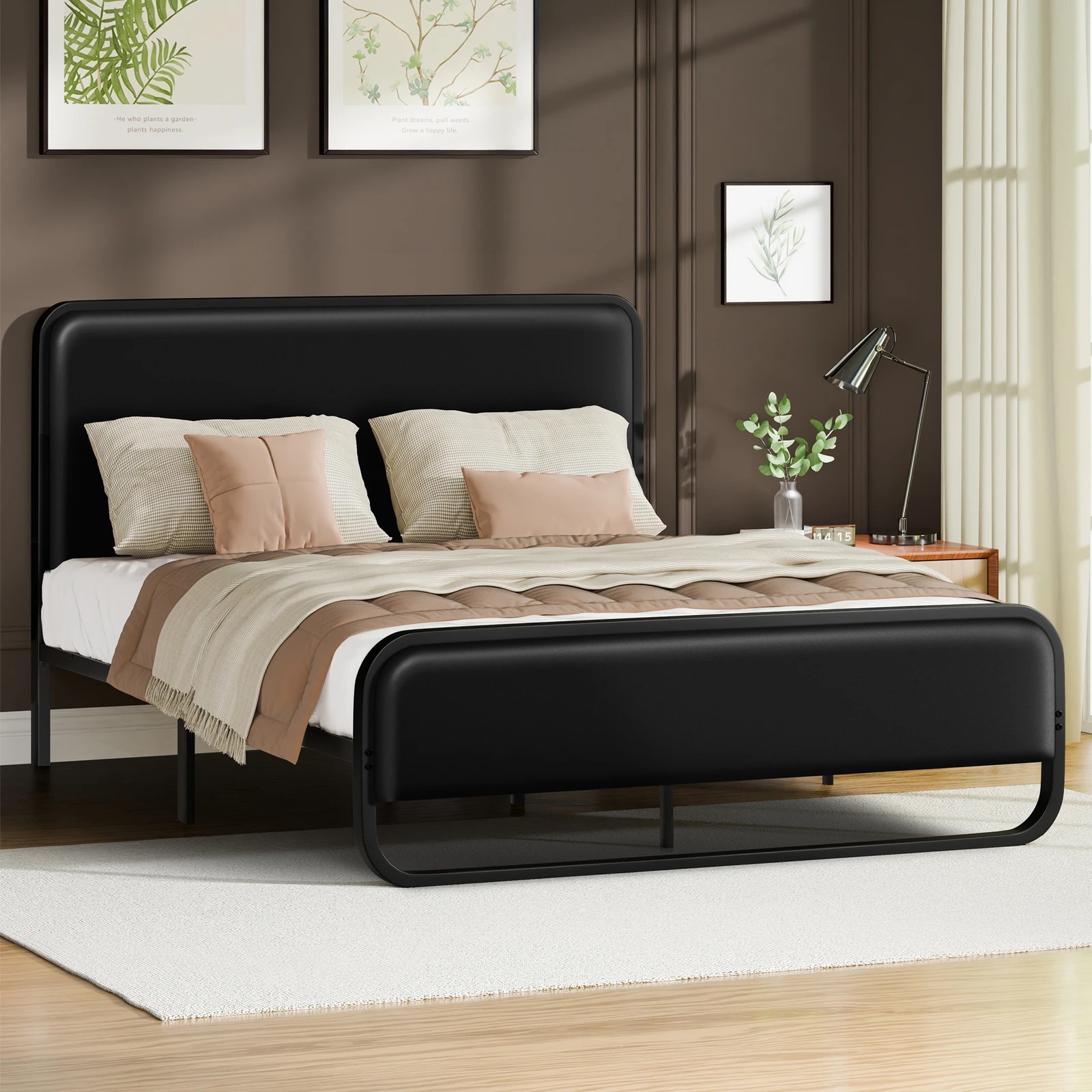 7 Alfordson Metal Bed Frame Queen Size Upholstered Headboard Leather Madge - Black, 7 of 10
