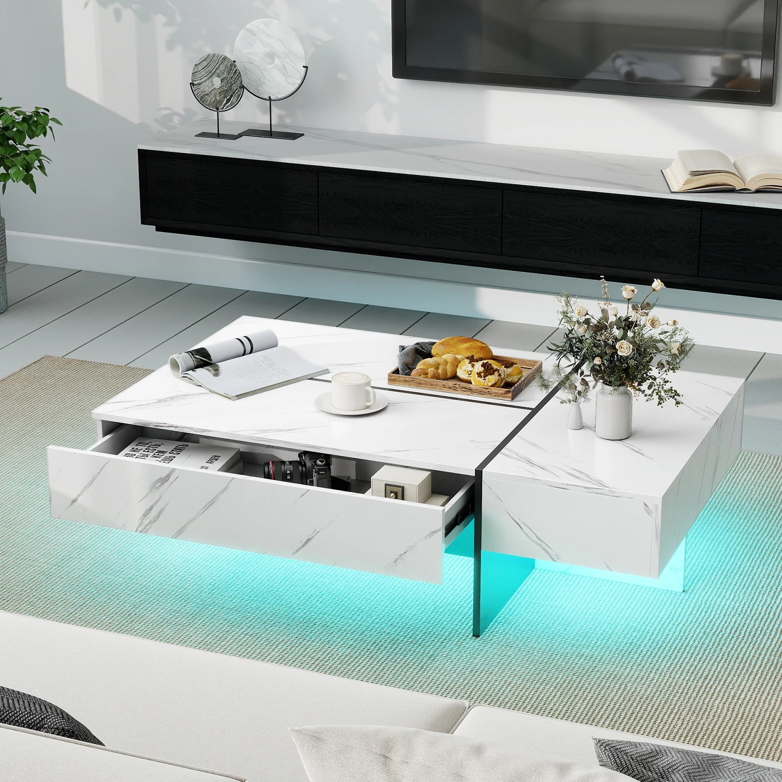 3 Costway Modern Coffee Table w/LED High-Gloss Accent Center Table Faux Marble - White, 3 of 6